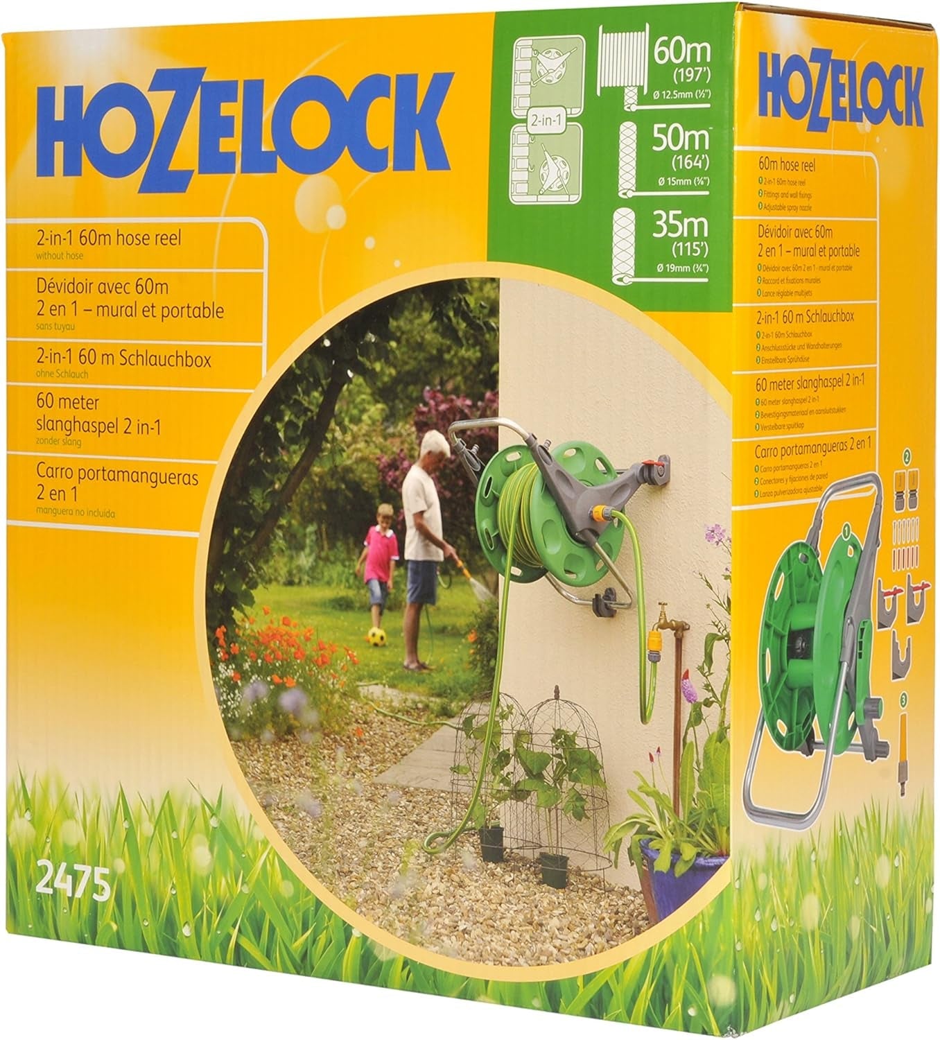 HOZELOCK - Enrouleur de tuyau 2 en 1 (ligne de support non incluse) 60 m : Autonome ou mural, facile à transporter mais robuste et durable. Utilisation flexible dans le jardin [2475R0000]