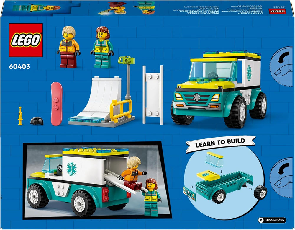 LEGO City Ambulance et snowboarder, Ambulance Playset avec voiture jouet et 2 figurines, figurine de snowboarder et paramédic, cadeau imaginatif pour garçons et filles à partir de 4 ans 60403 Jeux de construction Besuche den LEGO-Store