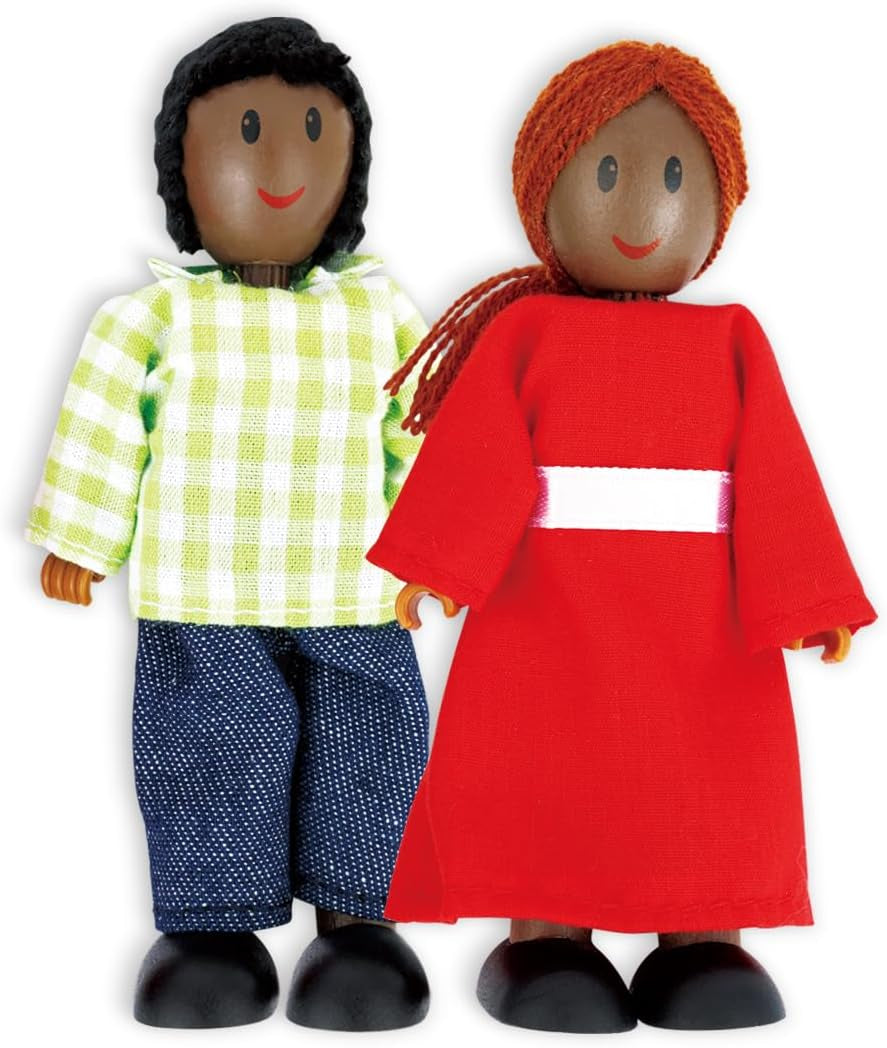 Hape Doll Family - Ensemble d'accessoires de maison de poupée en cuir foncé 6 pièces avec figurines en bois et en tissu, jeu de simulation, jouet éducatif, jouet d'apprentissage interactif pour enfants à partir de 3 ans