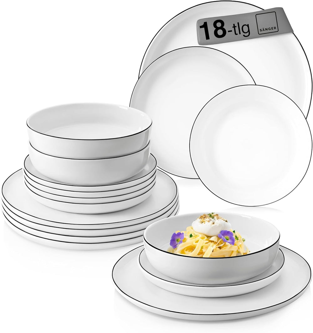 SANGER | Marlo Service de table à bords noirs et blancs, service de table 18 pièces en porcelaine pour 6 personnes, blanc avec accents noirs, assiettes plates, assiettes à dessert et bols, design moderne | LA COLLECTION PREMIUM