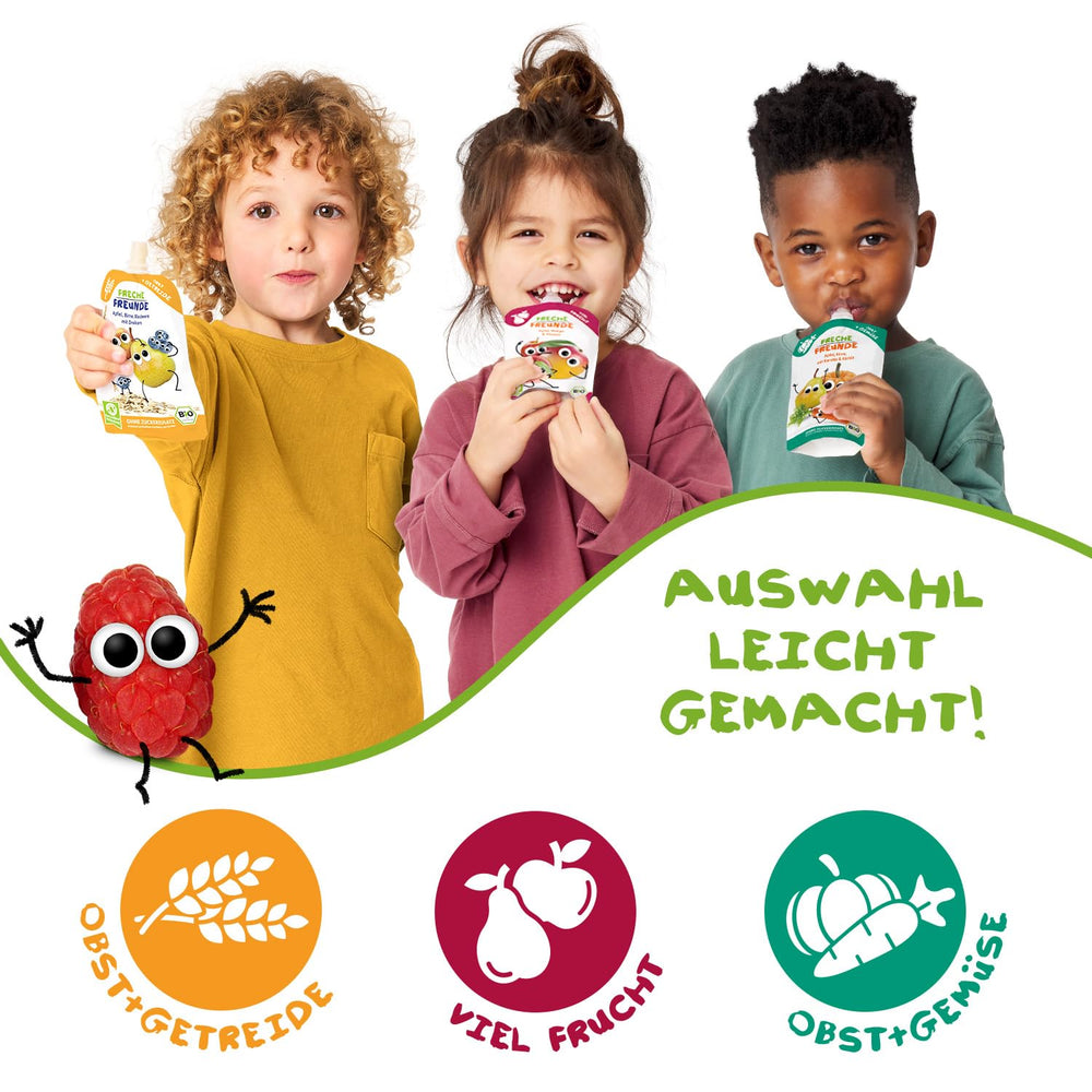 FRECHE FREUNDE Bio Quetschie Apple, Birne & Maracuja, Fruchtmus mit Obst im Quetschbeutel für Babies from 6. Month, vegan, 6er Pack (6 x 100g)