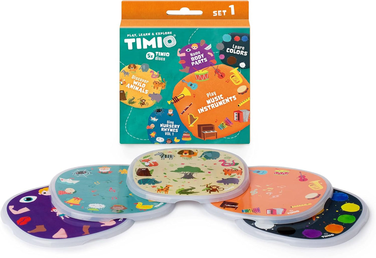 TIMIO Disc Set #1 : 5 disques audio pour TIMIO Player | Apprenez les couleurs, les animaux sauvages, les instruments de musique, 96 comptines Vol 1, les parties du corps | 8 langues incluses | Jouet d'apprentissage de 2 à 6 ans Baby Toys Naty Shop Timio Disc Set 1