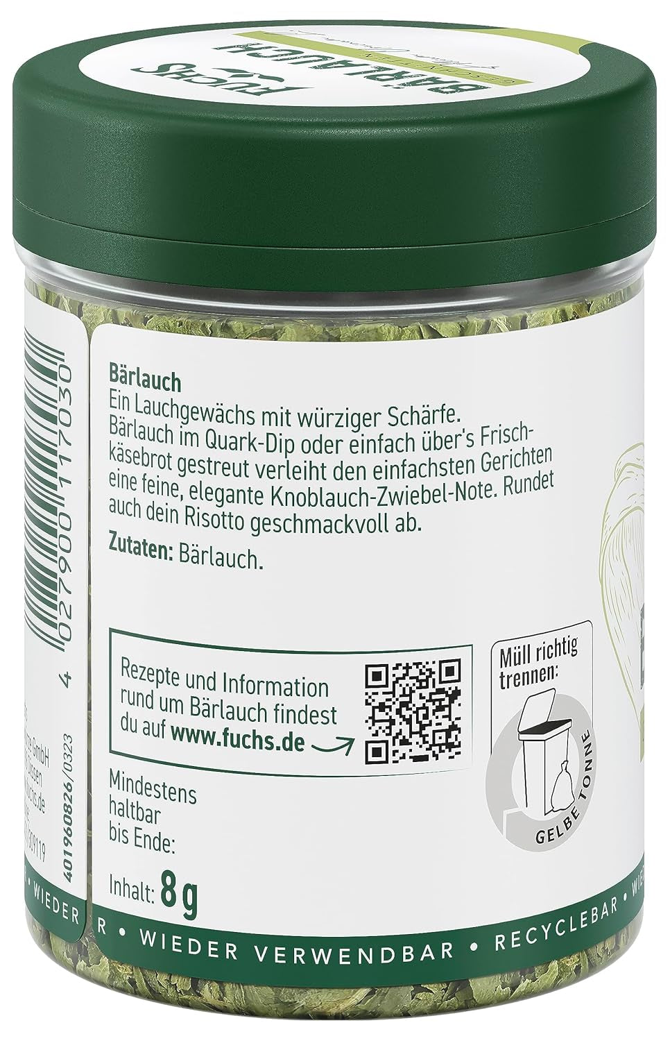 Fuchs Gewürze - Bärlauch geschnitten - würzige Schärfe für Quark-Dips, Frischkäse oder Risotto - ingrédients naturels - 8 g dans une dose variable, recyclable