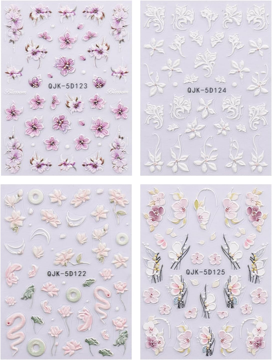 JMEOWIO 3D Nagelsticker Blumen Nail Art Sticker Selbstklebend Nagelaufkleber 5D Stereoskopisch Frühling Sommer Dekoration Nageldesign Zubehör 4 Blatt