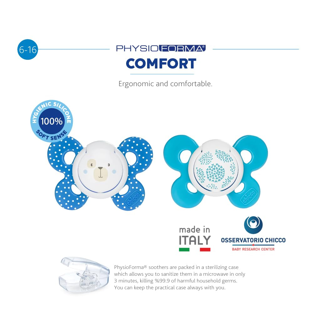 Chicco PhysioForma Comfort Sucette 6-16 mois, 1 pièce, Sucette avec tétine en silicone, soutient la respiration physiologique et favorise le développement buccal correct, Bleu