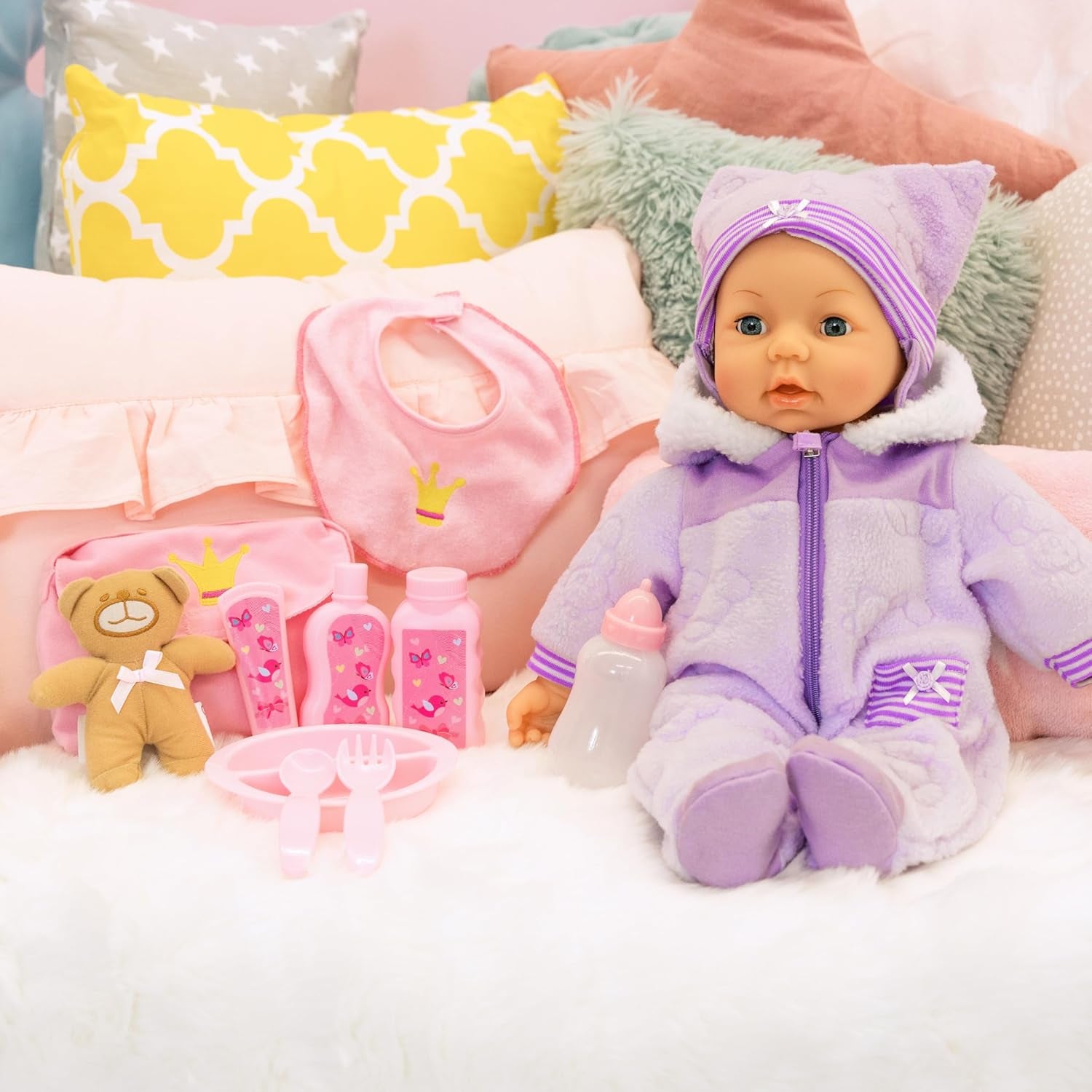 Bayer Design 94694AG 94694AA, poupée fonctionnelle, poupée interactive Piccolina Magic Eyes, bouge la bouche, cligne et ferme les yeux, parle, violet, 46 cm