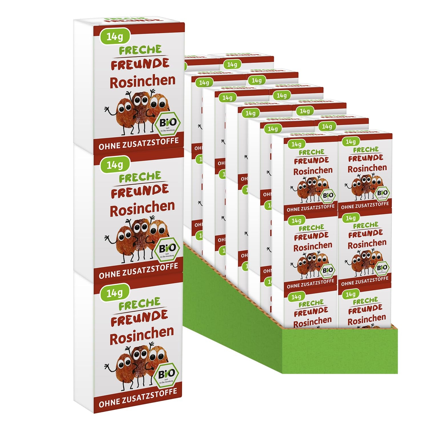 FRECHE FREUNDE Raisins secs biologiques, trockenfrüchte ohne Zucker, sans Zusatzstoffe, ungeschwefelt, dans de petites boîtes à collations, Sultaninen für Kinder, 20er Pack, 20 x (3x14g)