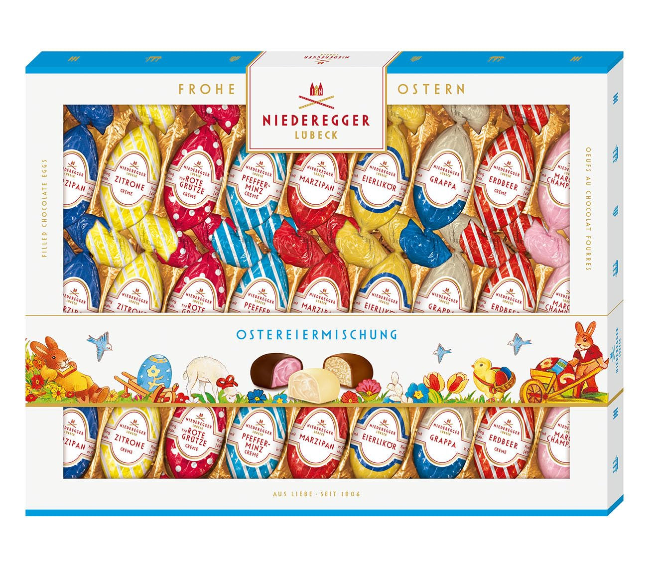 Niederegger | Mélange d’œufs de Pâques | 1x337g | Oeufs de Pâques fourrés à la pâte d'amande et au praliné | Enrobé de chocolat noir, au lait et blanc | Cadeau de Pâques
