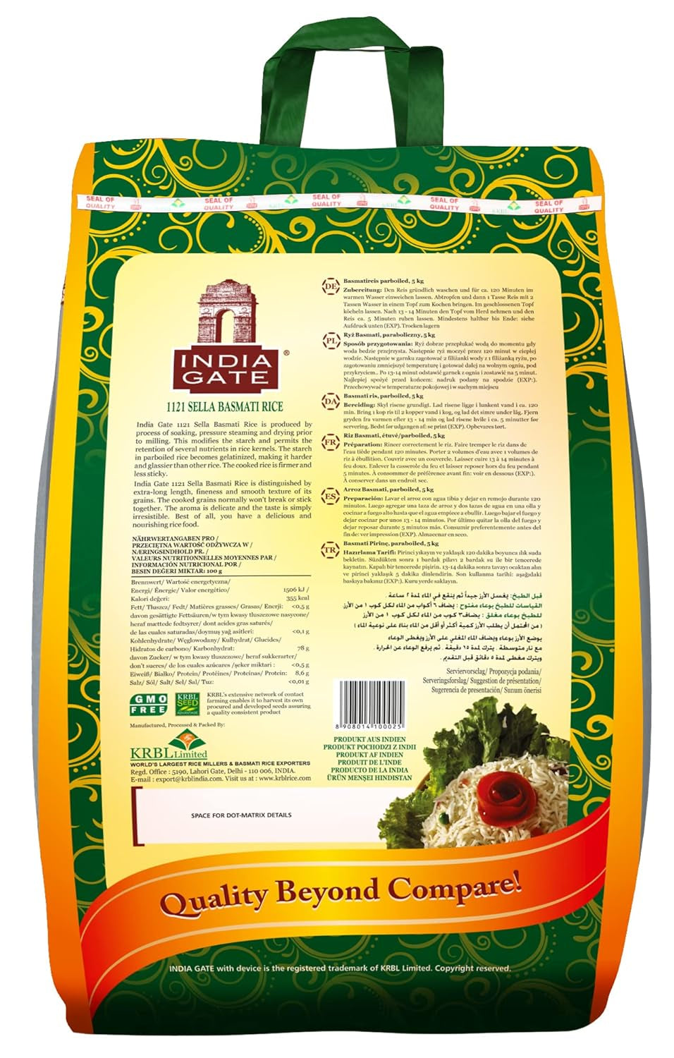 INDIA GATE Riz Sella Basmati, précuit (d'Inde, grain long fin), aromatisé, emballage en vrac - 1 paquet (1 x 5 kg)