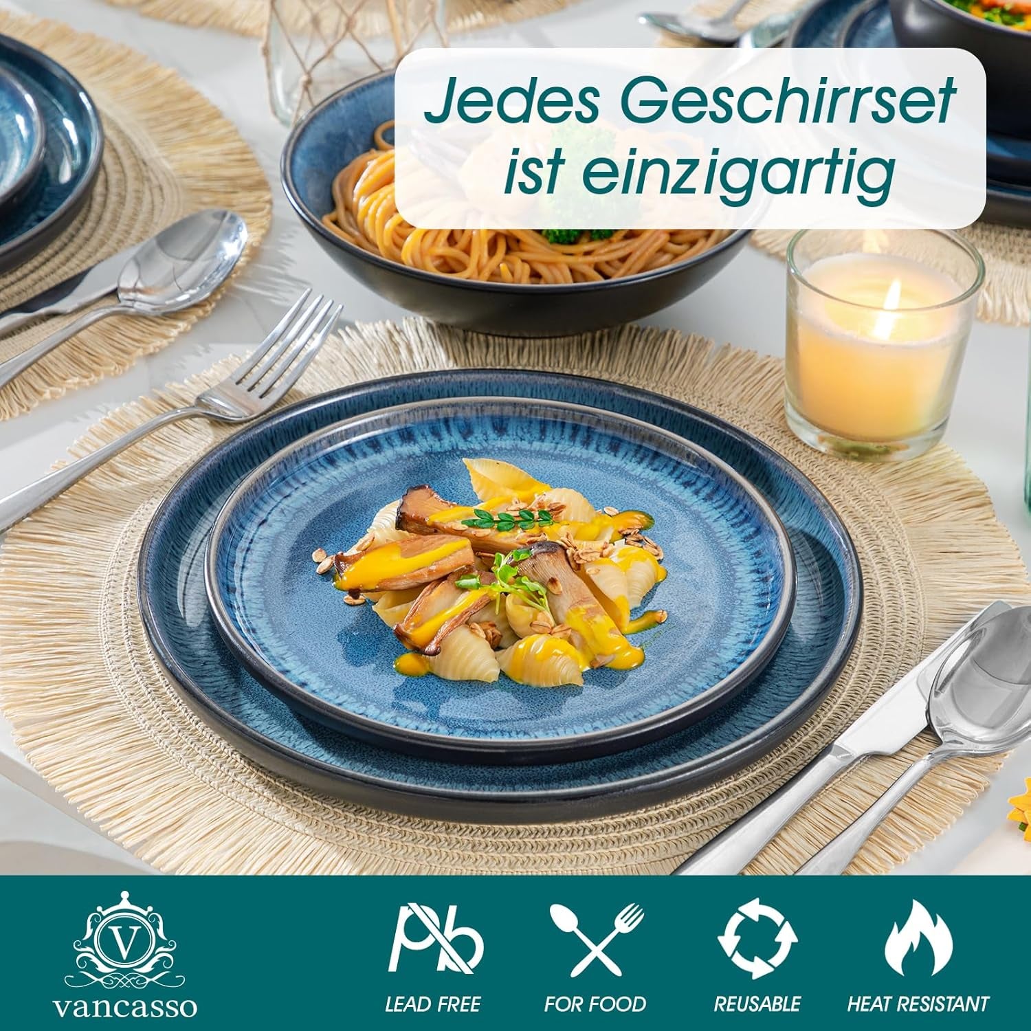 Service de table pour 6 personnes Vancasso PLAYA Service de table en porcelaine 24 pièces pour 6 personnes Bleu comprenant assiettes, assiettes Suma, bols et assiettes à salade Passe au lave-vaisselle et au micro-ondes