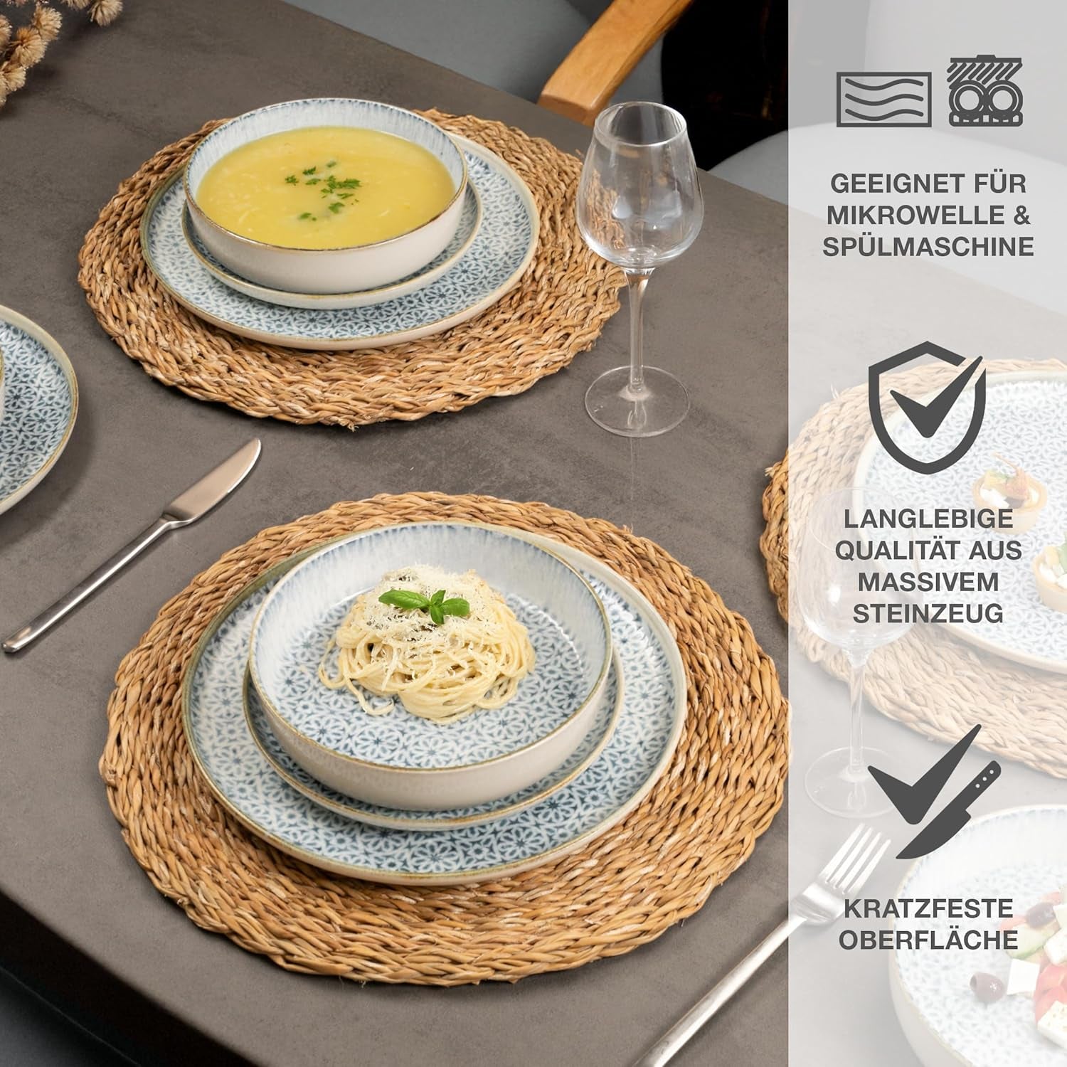 Moritz & Moritz ALHAMBRA Service de table pour 6 personnes, 18 pièces, porcelaine de haute qualité – Vaisselle bleue moderne – Service facile d'entretien comprenant 6 assiettes plates, 6 assiettes à dessert et 6 bols