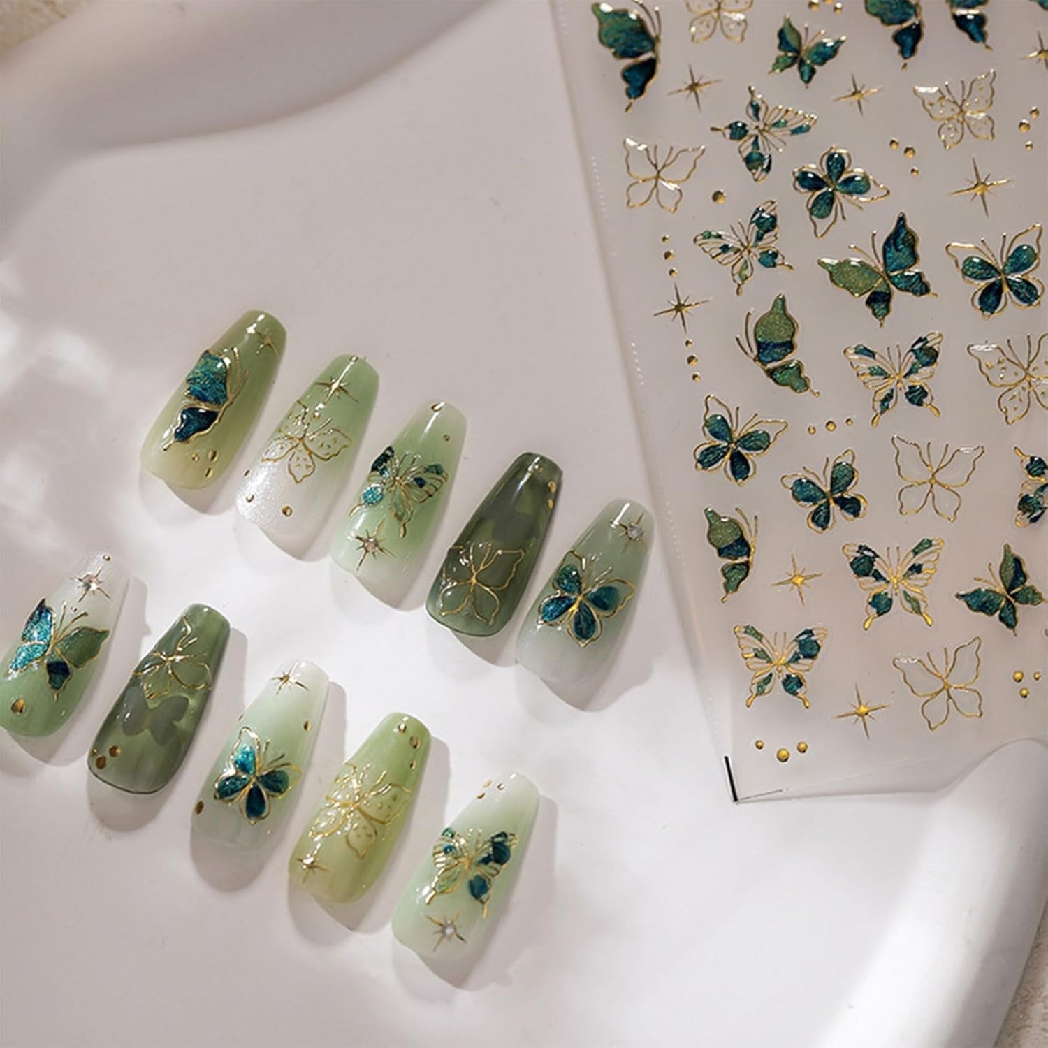 JMEOWIO 3D Nagelsticker Vert Or Schmetterling Nail Art Autocollant Selbstklebend Nagelaufkleber 5D Stéréoscopique Décoration Nageldesign Zubehör 1 Blatt