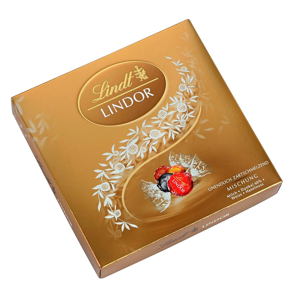 Coffret cadeau Lindt LINDOR avec assortiment de chocolats, env. 15 truffes LINDOR, 4 variétés (chocolat au lait, chocolat blanc, chocolat noir 60% et noisette), 187 g
