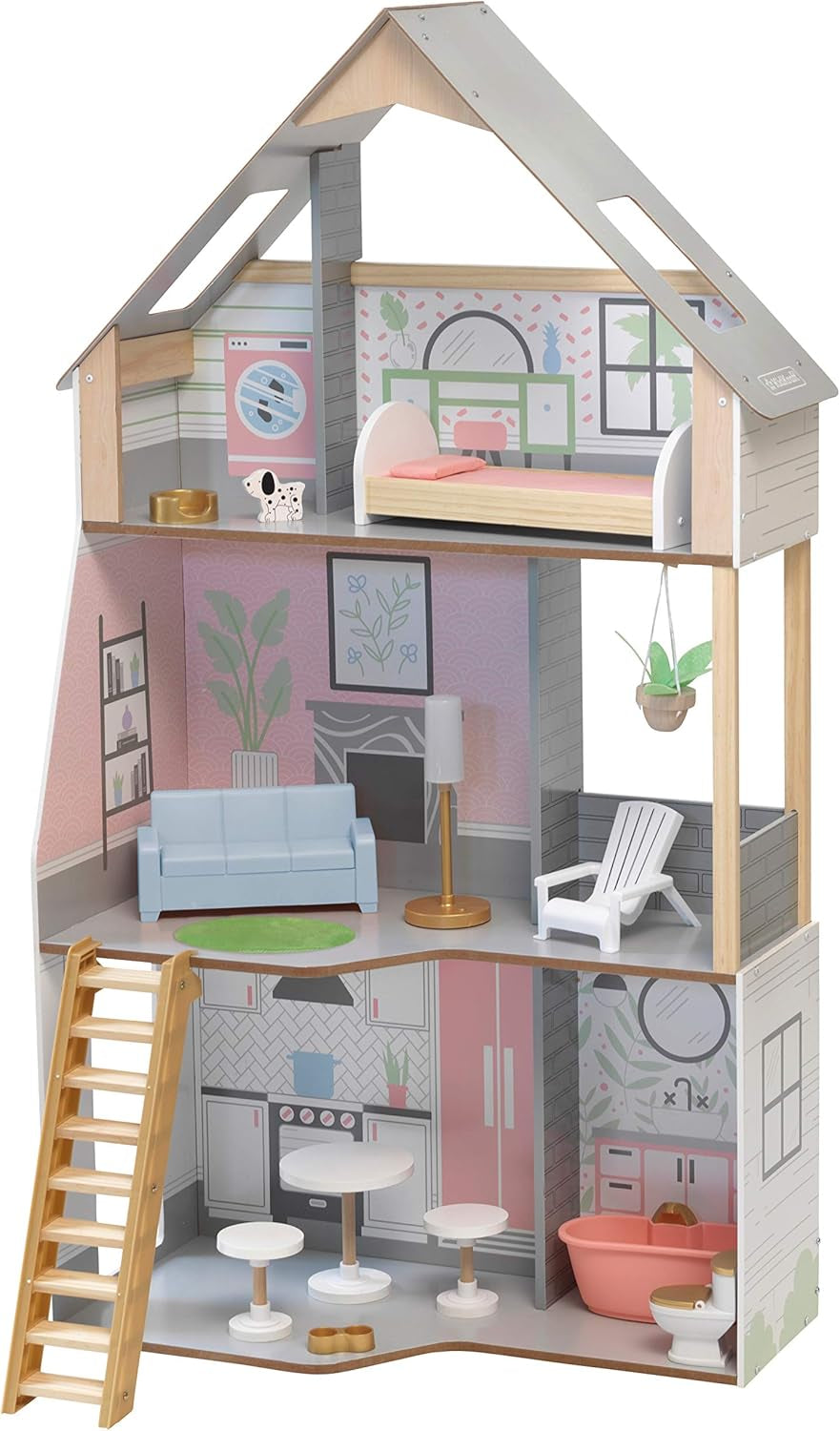 Kidkraft Alina Maison de poupée en bois avec meubles et accessoires pour poupées de 30 cm, ensemble de jeu à 3 niveaux avec chien et escalier mobile, jouet pour enfants de 3 ans, 10229 Naty Shop Dollhouses