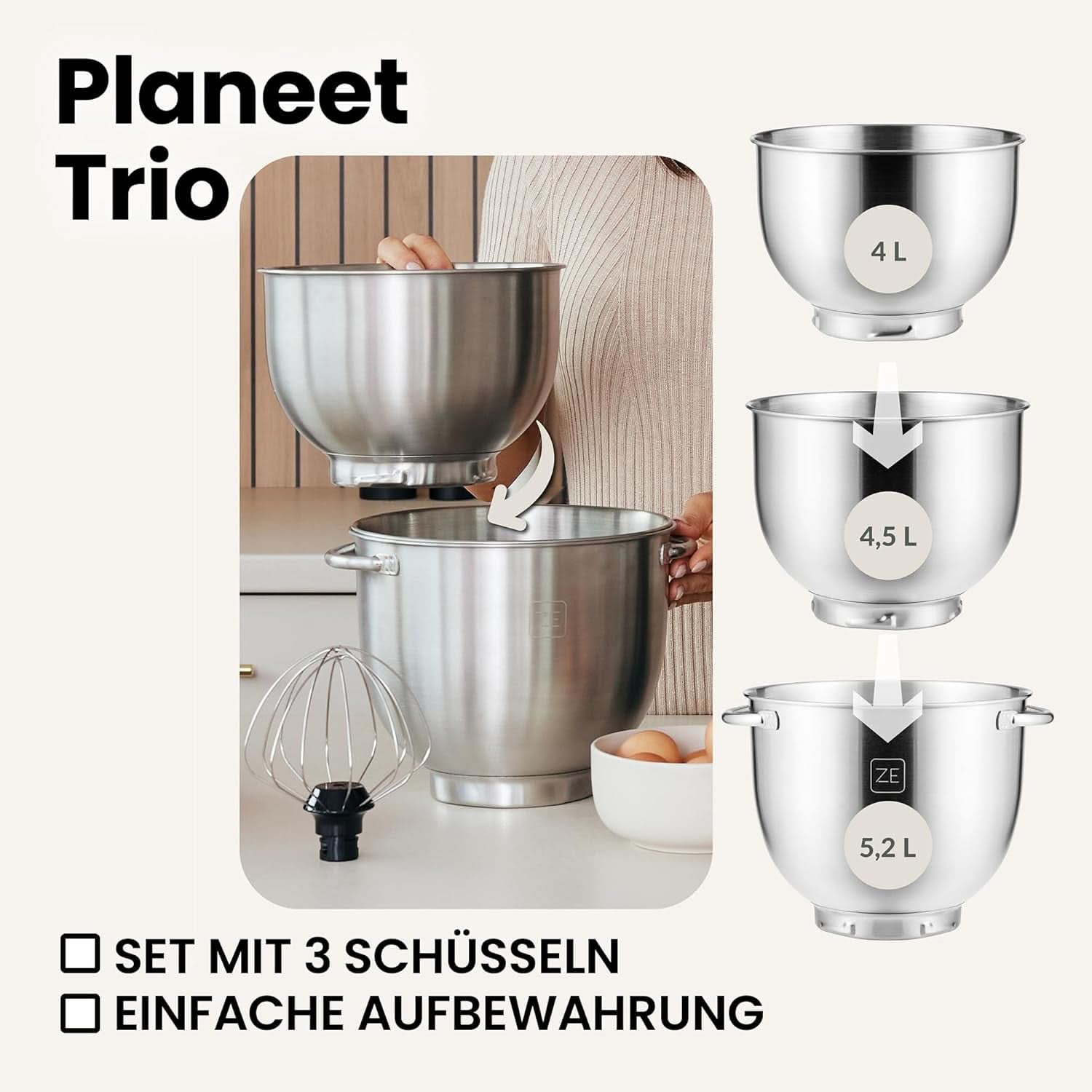 Robot planétaire ZEEGMA PLANEET TRIO, 1500 W, machine de cuisine multifonction avec 3 brûleurs 4 L, 4,5 L et 5,2 L, 10 vitesses de cuisson, mélangeur avec haken, Schneebesen (noir) Mother and Child Naty Shop