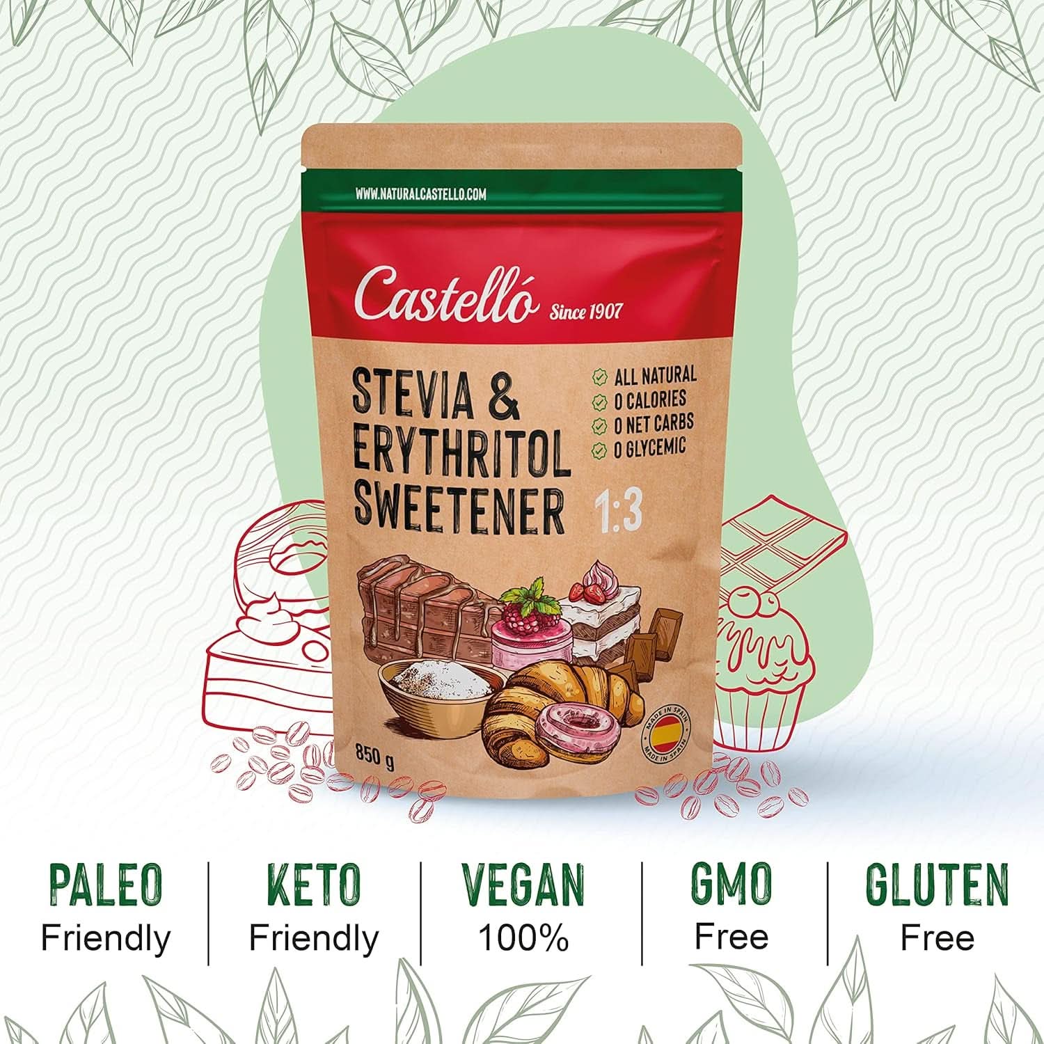 Stevia + Erythritol 1:3 Édulcorant, 1G = 3G Sucre, 850 grammes Édulcorants Naty Shop