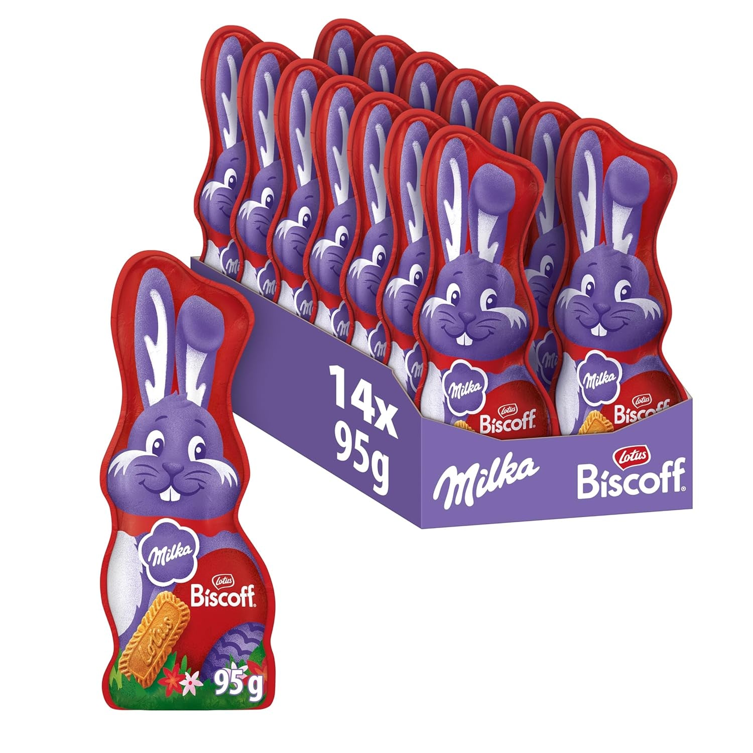 Milka Smiling Bunny Biscoff – délicat lapin de Pâques avec du chocolat et des morceaux de biscuits Lotus Biscoff – 95g