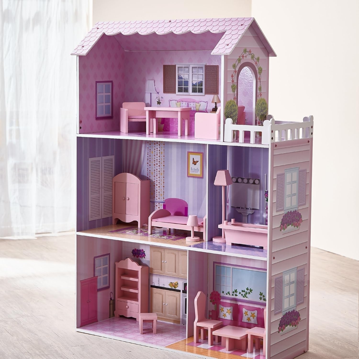 Maison de poupée géante Olivia's Small World, grande maison de poupée en bois avec meubles et accessoires, maison de poupée à 3 étages pour enfants, maison de poupée pour poupées de 12", 3 ans + Naty Shop Dollhouses