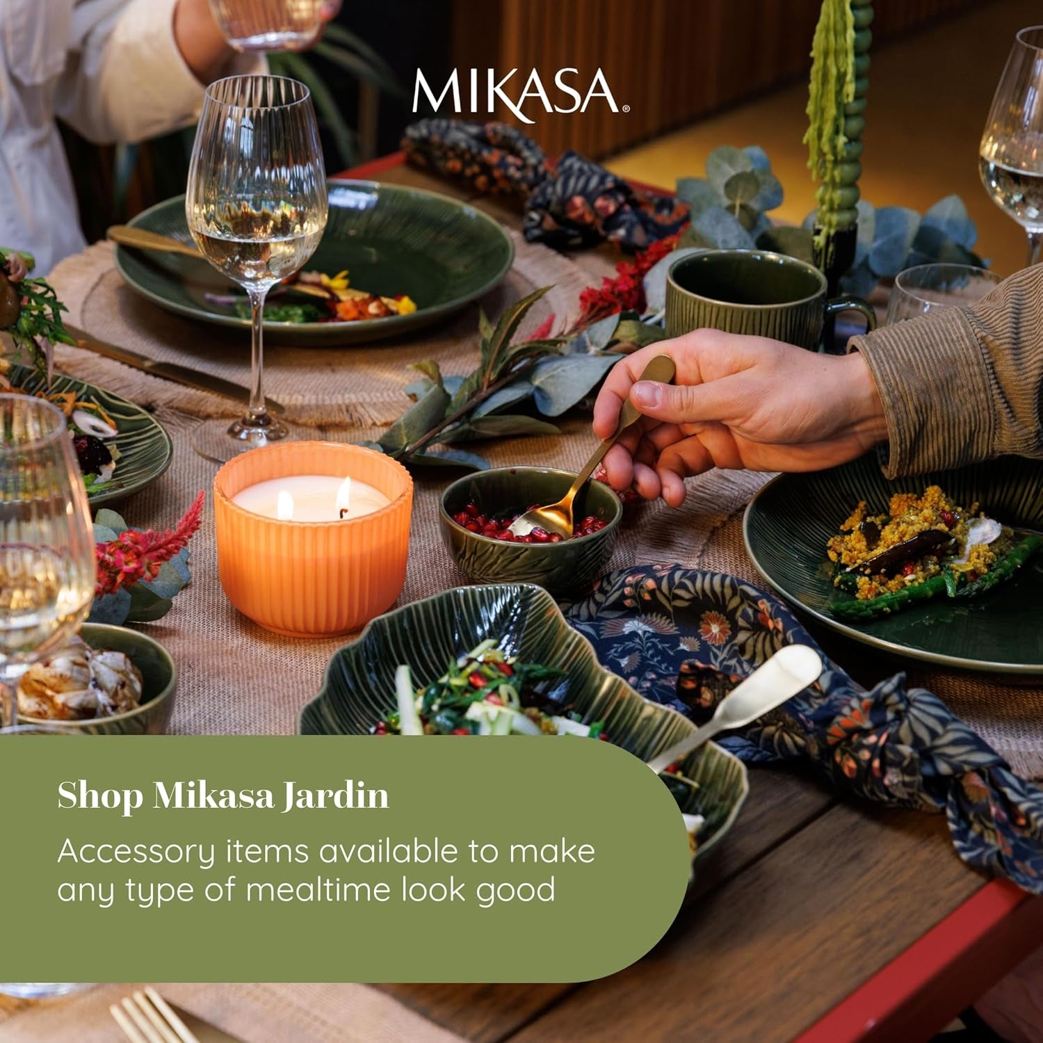 Mikasa Jardin Service de table 12 pièces, service de table en grès pour 4 personnes avec assiettes, assiettes latérales et bols, vert – Coffret cadeau et passe au lave-vaisselle