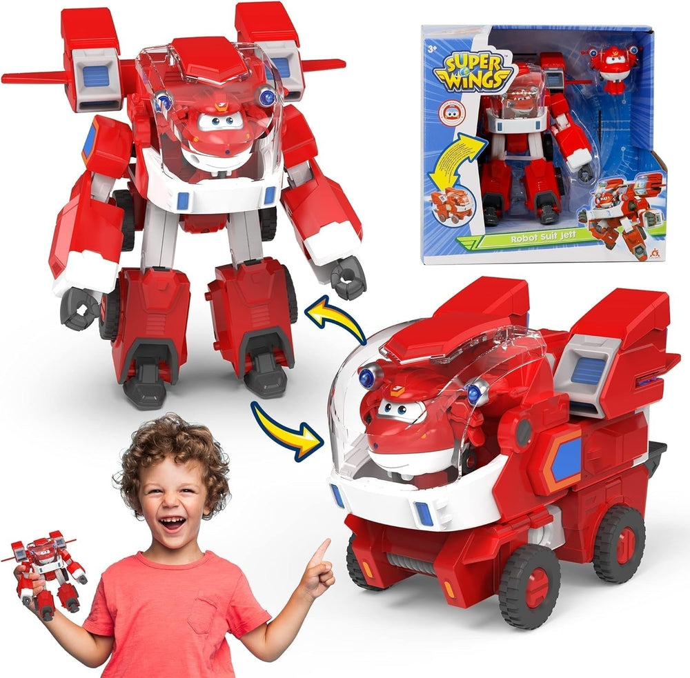Super Wings EU750322 - Transformation du nouveau costume de robot Donnie, env. Grande figurine d'action de 23 cm pour enfants, jouet transformable, avion et Robot, figurines d'action jaunes Naty Shop Jett