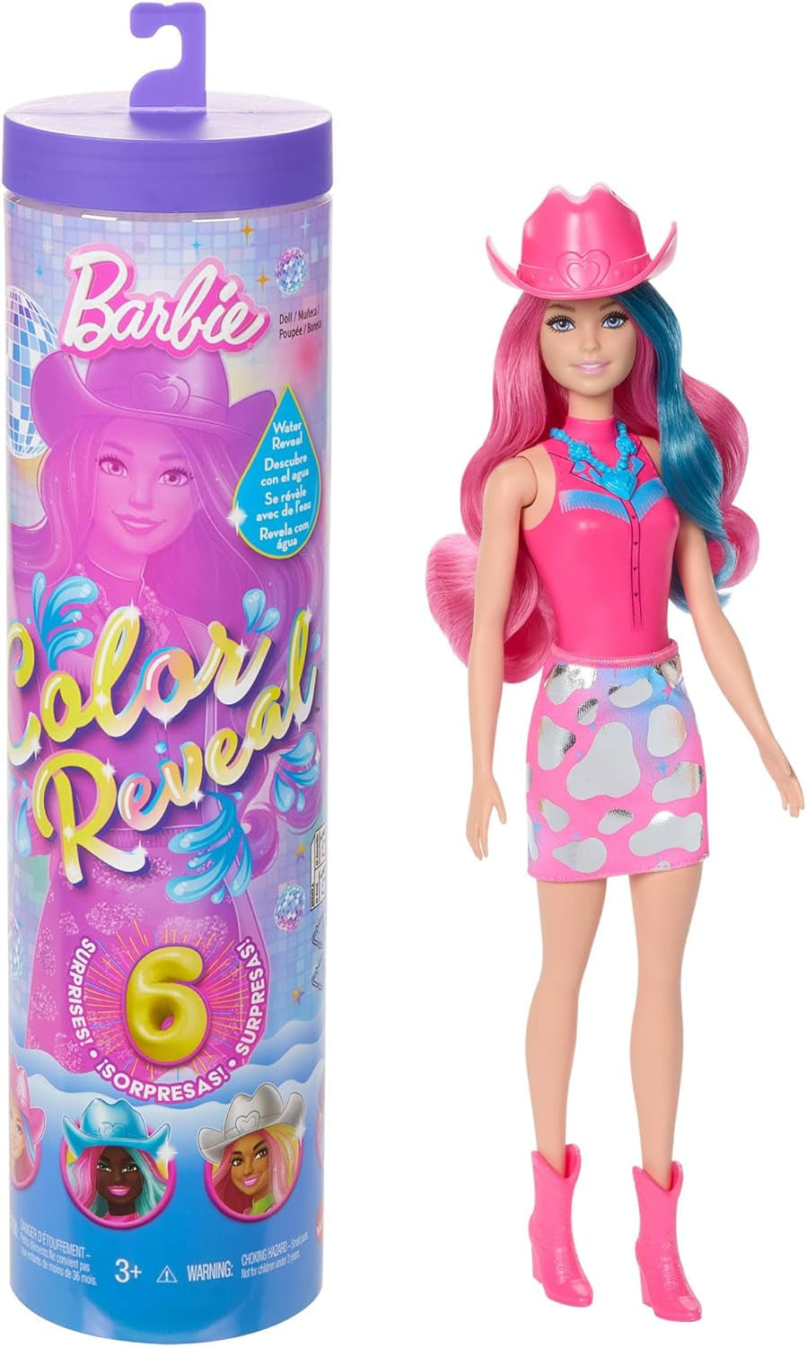 Poupée Barbie Color Reveal et accessoires avec 6 surprises, série Disco Star avec paillettes métalliques et dessus changeant de couleur (les styles peuvent varier), JCP01, 32 cm