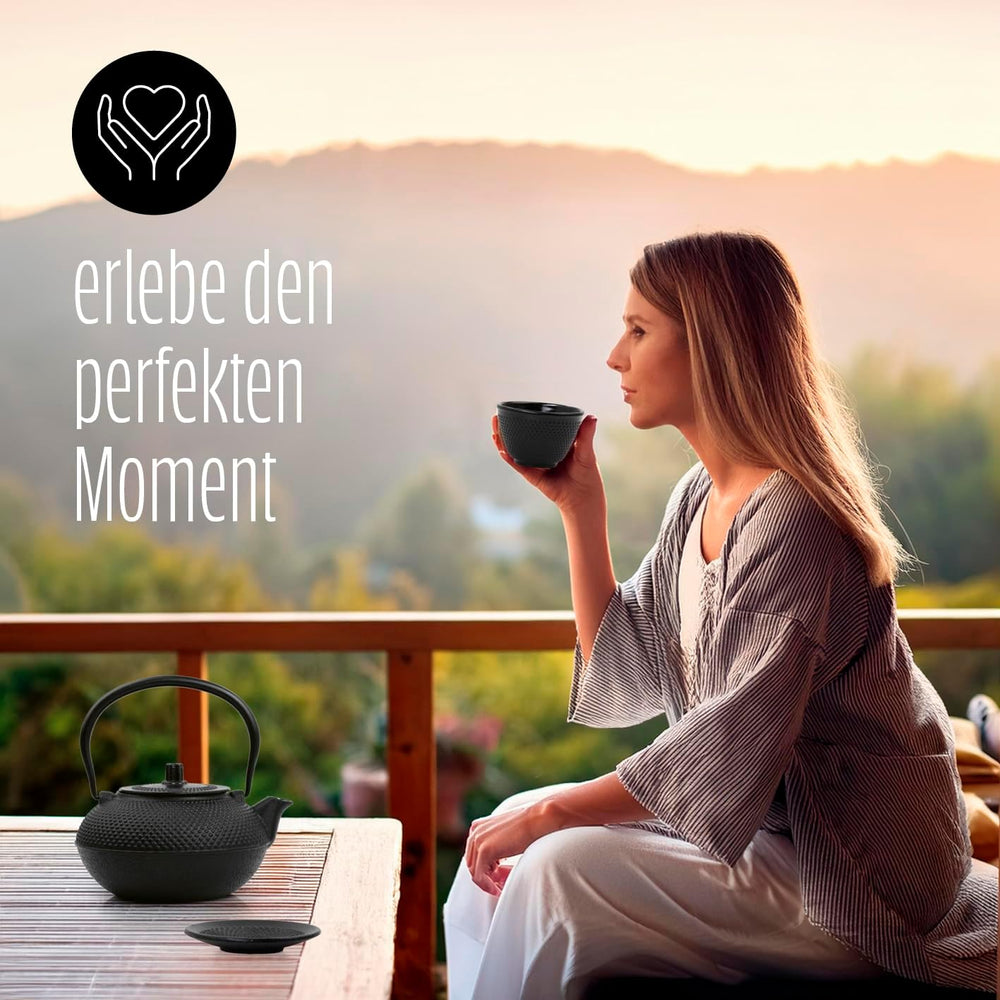 Service à thé Lumaland 8 pièces | Théière en fonte Tetsubin de 1,4 litre | Chauffage en fonte | 2 tasses à thé et 2 soucoupes | Service à thé japonais comprenant une cuillère doseuse en bambou et un infuseur en acier inoxydable