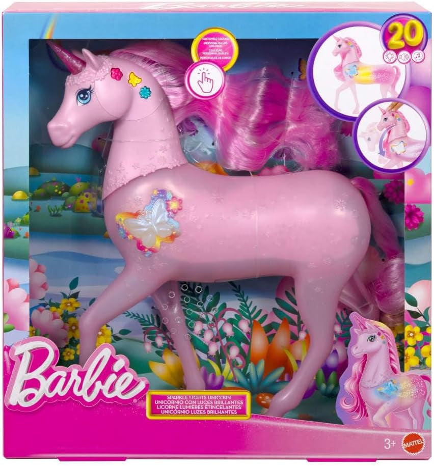 Barbie unicorn strălucitor care luminează în întuneric cu 20 de combinații interactive de efecte de lumină, sunete și muzică, pentru joacă prin apăsarea butoanelor și mângâierea capului, JCP78