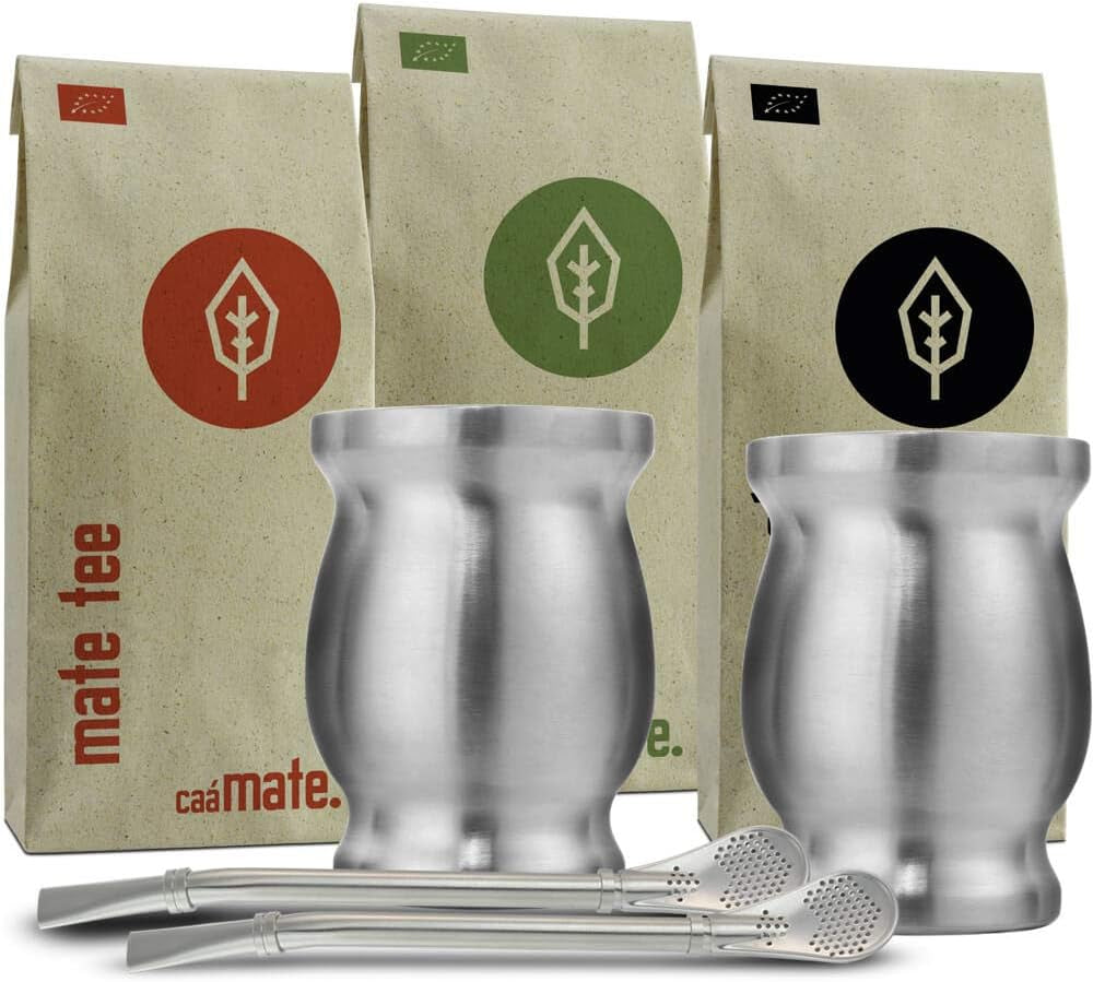 Service à Thé Mate Bio ● 3 Assortiments de Mate + 2 Tasses à Maté Double Paroi en Inox + 2 Bombillas + Instructions d'infusion (Noir)