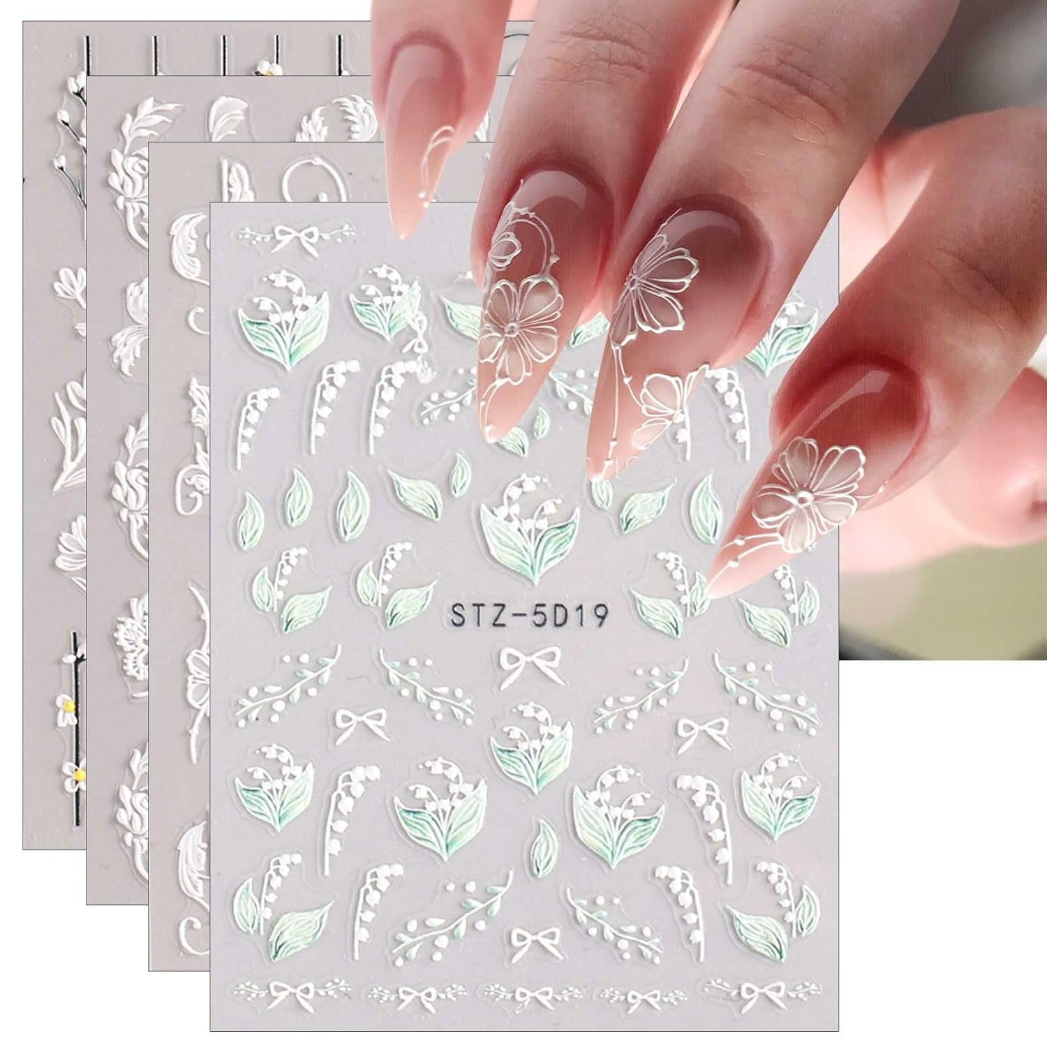 JMEOWIO Autocollants de manucure 3D pour ongles, fleurs, autocollants pour nail art, autocollants auto-adhésifs, bandes stéréoscopiques 5D, décoration de fleurs d'été, design de manucure, 4 feuilles