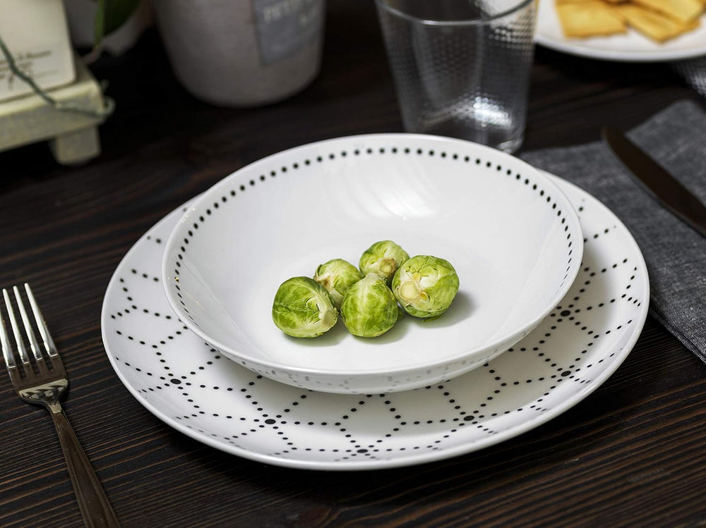 Service de table graphique, 18 pièces pour 6 personnes, porcelaine, blanc