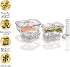 Caso VacuBoxx E-Set - 4 récipients sous vide carrés extrêmement stables et un ensemble de récipients sous vide, récipients incassables et lavables au lave-vaisselle, 3 récipients sous vide pour aliments et liquides sensibles à la pression Boîtes de conservation alimentaire Naty Shop