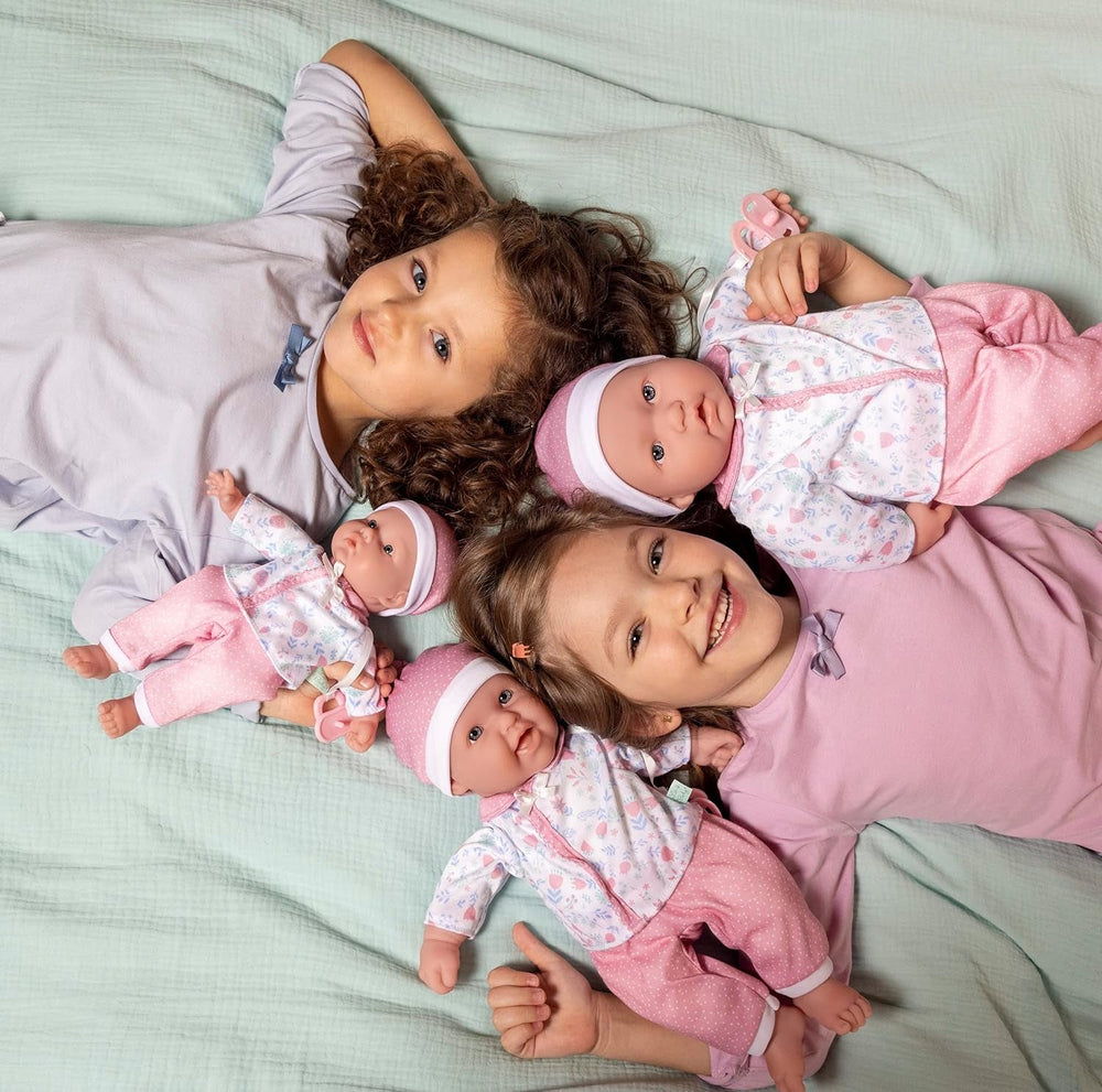JC Toys La Baby Puppe mit weichem Körper, waschbar, magische Flasche und Schnuller, rosa und weiß, Blumenmuster, entworfen in Spanien, 2 Jahre