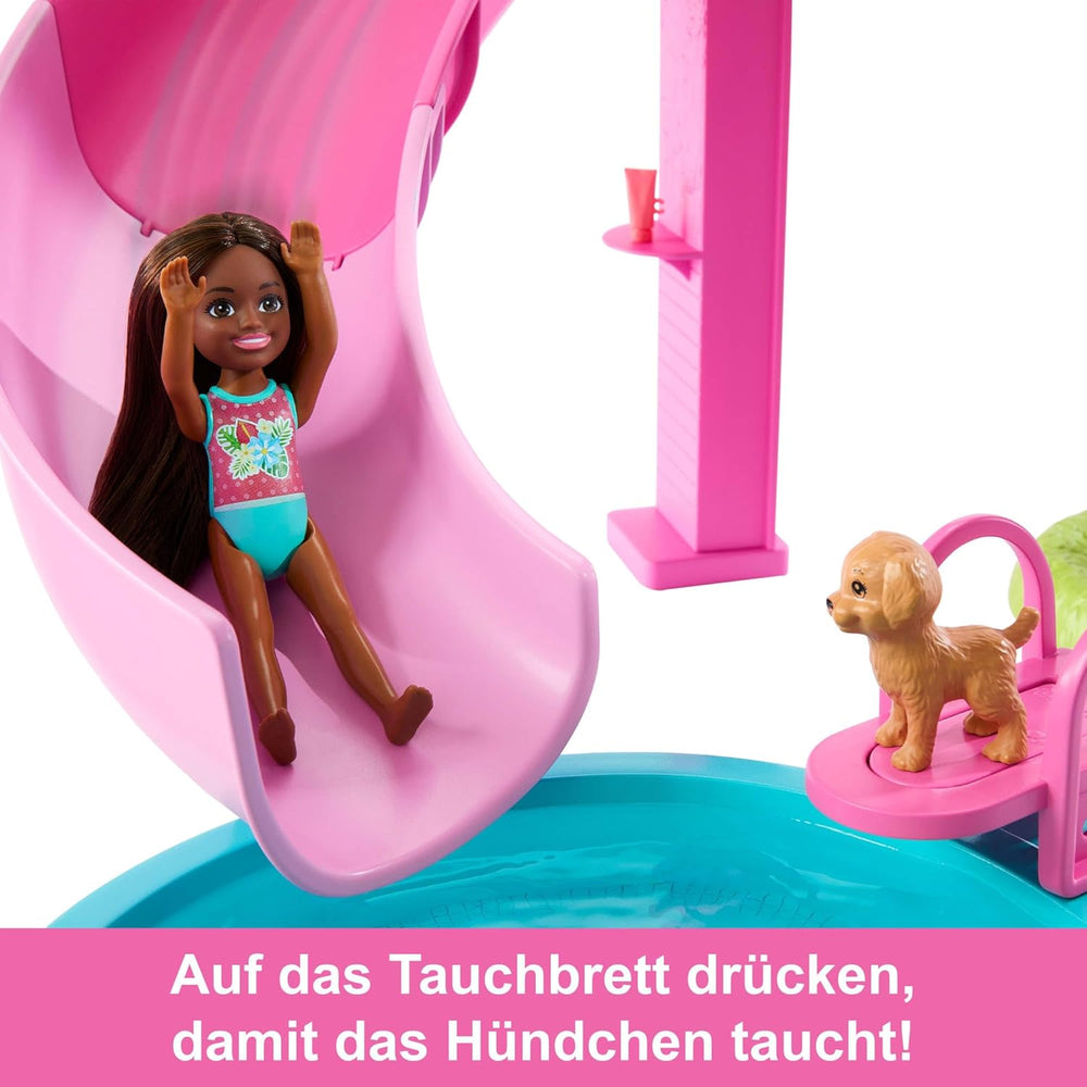 Barbie Dream Pool Playset avec six aires de jeu dont un toboggan et un jacuzzi, plus plus de 20 accessoires tels qu'un animal de compagnie, des bouées et plus encore, JKG83