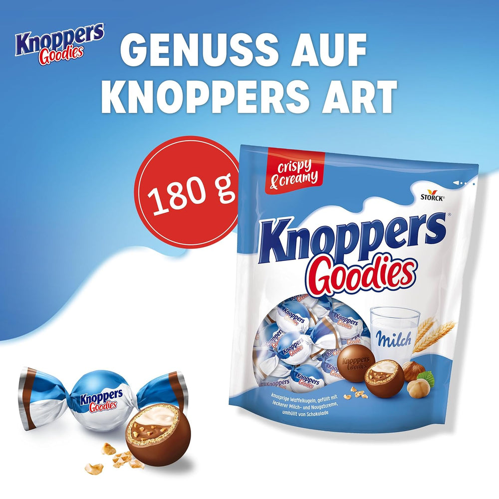 Knoppers Goodies Crunchy Minis – 1 x 180g – boules de gaufrettes croustillantes fourrées de morceaux de noisettes, de lait et de crème de nougat, enrobées de chocolat