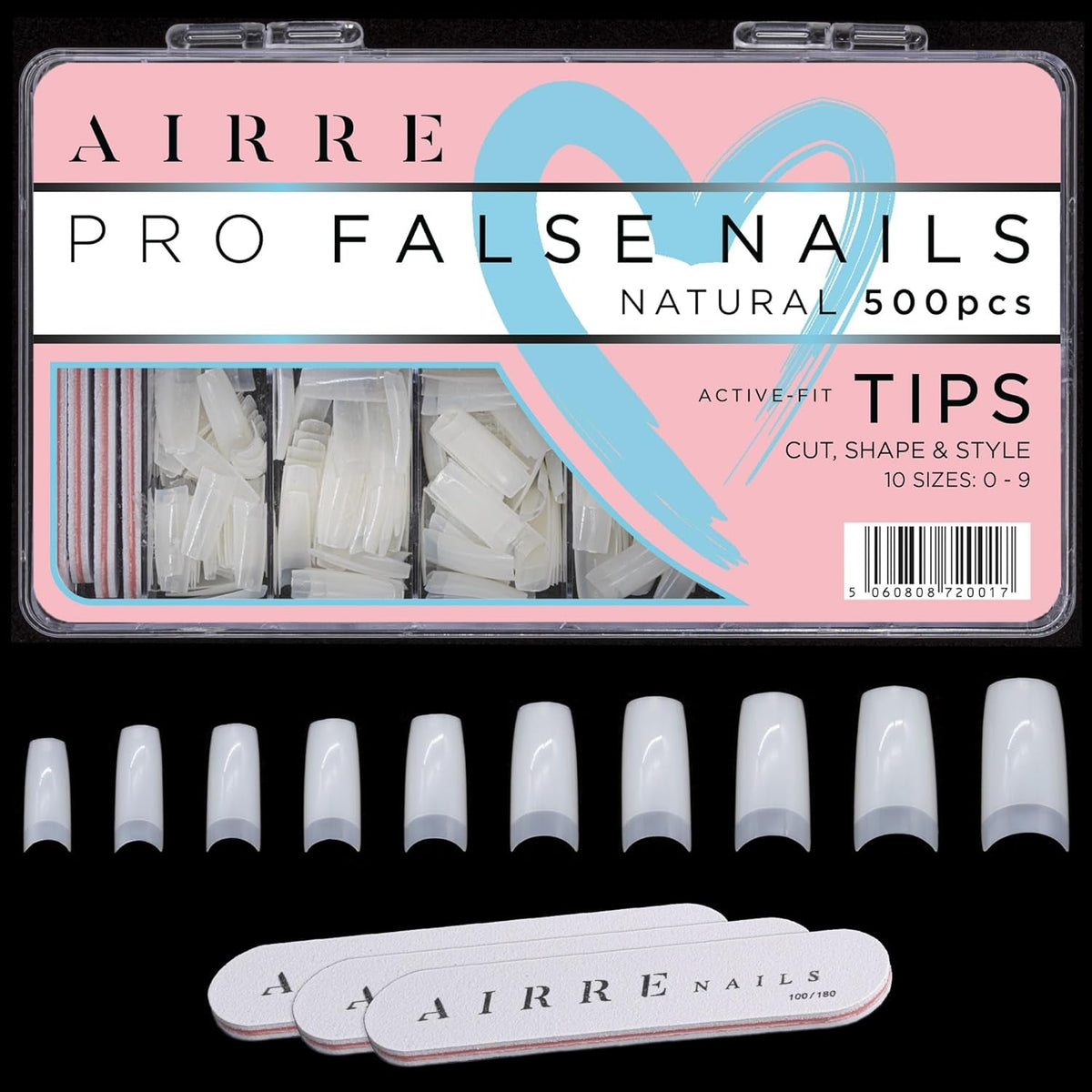 AIRRE 500 ongles en gel professionnels et 3 limes par boîte – (10 tailles) Faux ongles français demi-lune, usage salon et maison, coupe, limage et mise en forme, gel UV/LED, vernis à ongles et nail art (naturel)