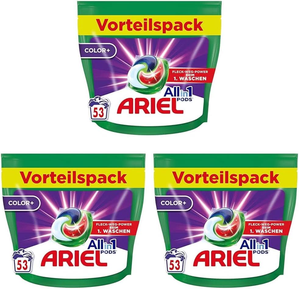 Ariel Allin1 PODS, capsules de lessive liquide Couleur+ 53 lavages, excellente élimination des taches dès le premier lavage Détergents Rufe Naty Shop 3 x 53 capsules Modèle Classique