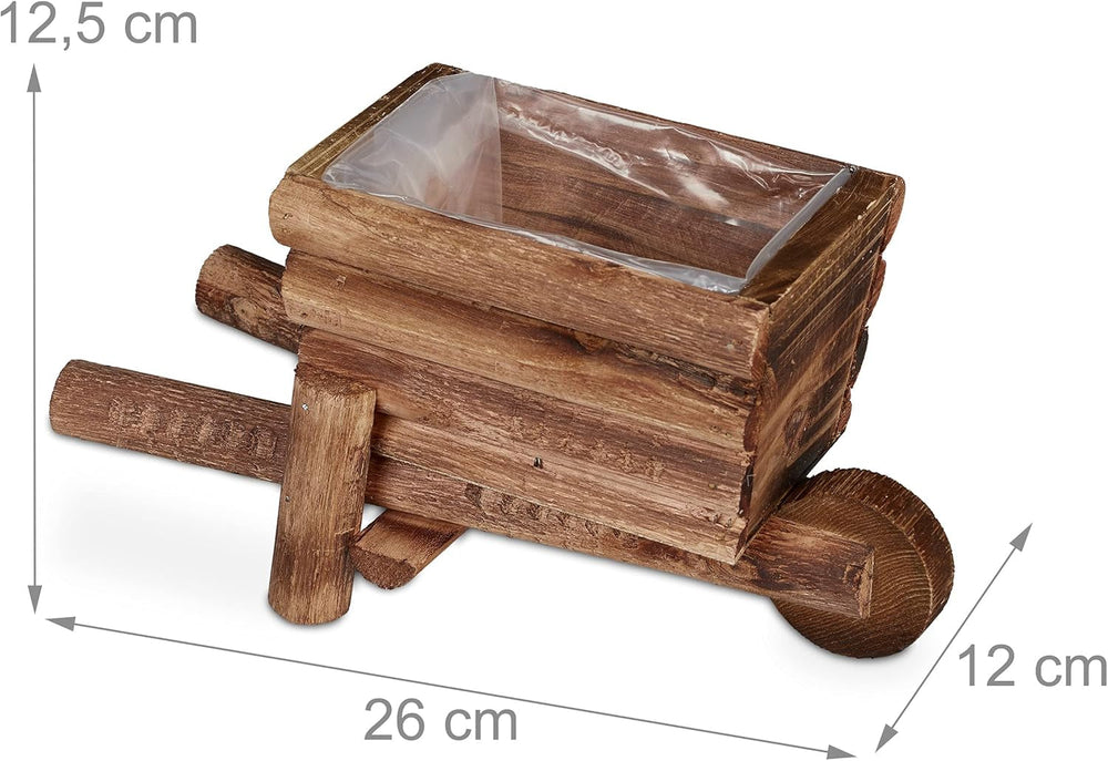 Roabă de plantat Relaxdays, Set de 2, Decorațiune de grădină, Î x l x A: 12,5 x 26 x 12 cm, Cărucior cu flori pentru plantare, Lemn, Natural