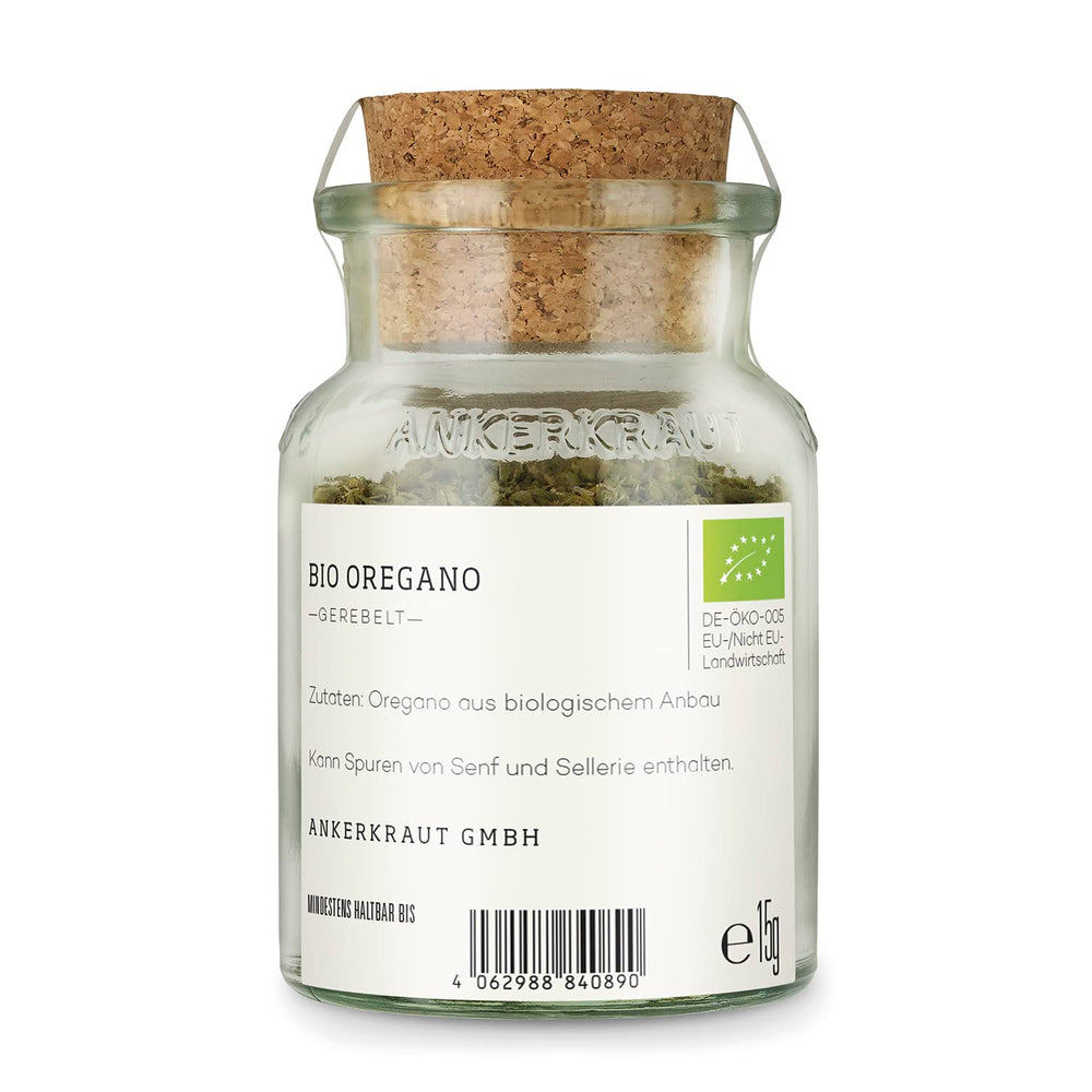 Ankerkraut BIO Origan, gerebeltes Küchen-Kraut, 15 g dans un verre en liège, Bio-Qualität zum selber Sürzen, Gewürz mediterranean Küche für Pizza & Pasta