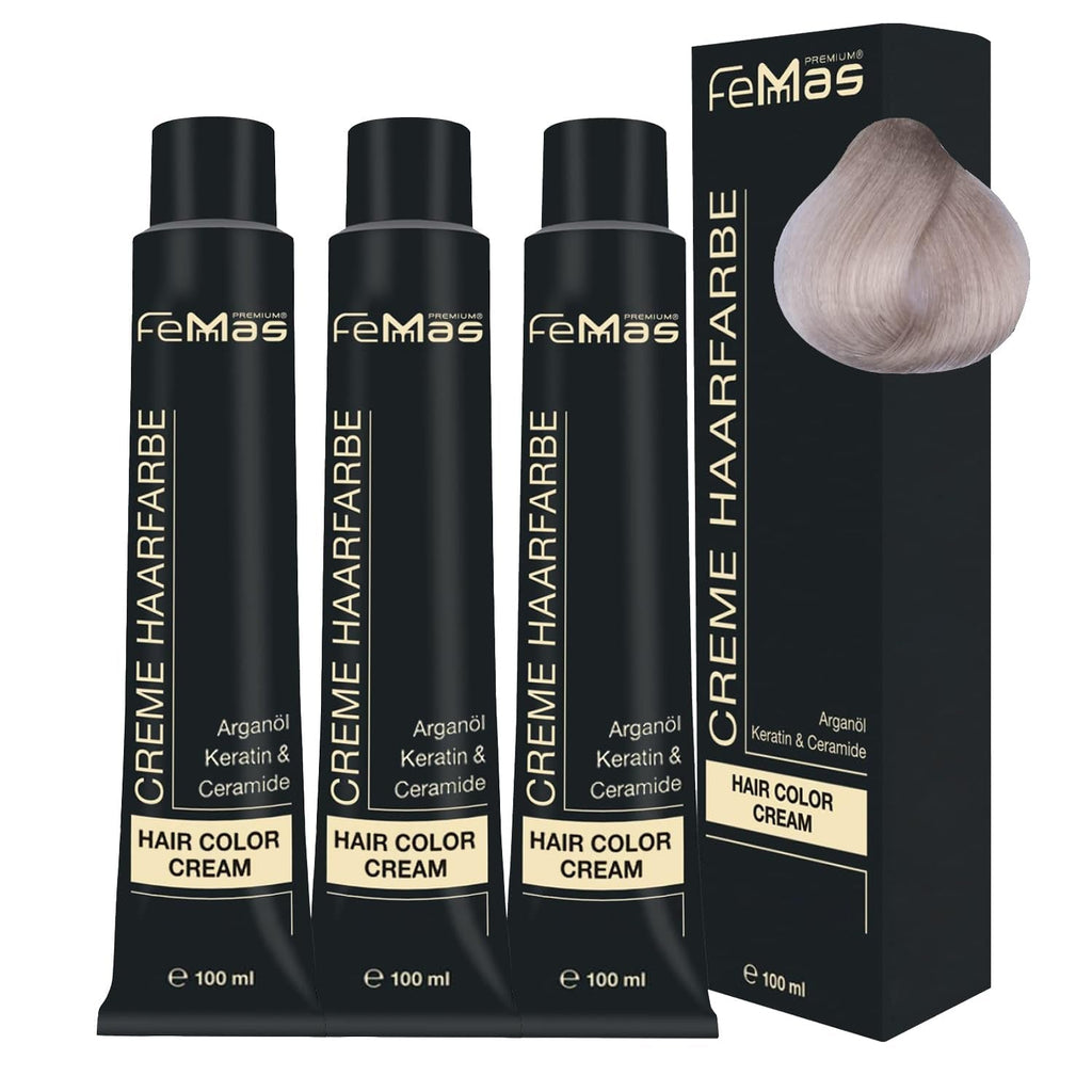 FemMas Hair Colour Pure & Mix Red I Cremă profesională cu ulei de argan, keratină și ceramide I Ca o vopsea de păr permanentă sau nuanță pentru rezultate radiante, de lungă durată I 100 ml Vopsea pentru par Naty Shop Extra platină blondă perlă cenușă 12.81 Pachet de 3