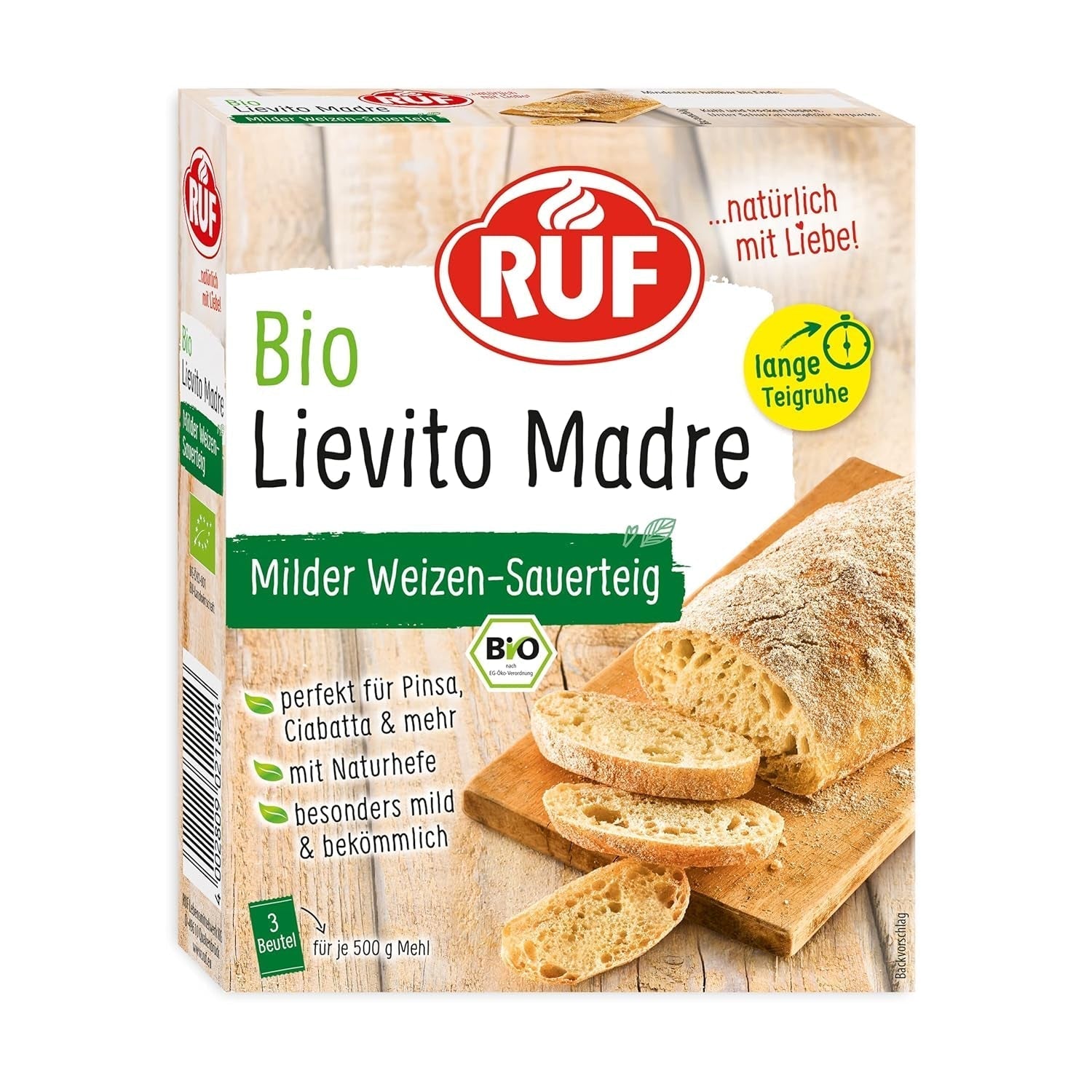 RUF Lievito Madre Sauerteig, Milder Weizen-Sauerteig, Mutterteig, Kurze Teigruhe Durch Enthaltene Trockenhefe, Lievito Madre Getrocknet Für Brot, Baguette, Focaccia, 3X35G Mélange pour la pâtisserie et la cuisson Naty Shop 105 G (1Er Pack) Lange Teigruhe