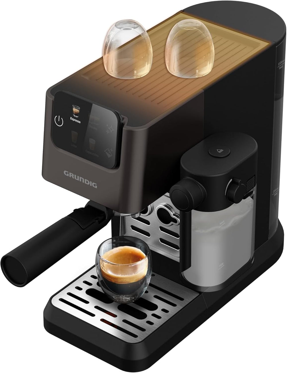 Espressor portafilter GRUNDIG KSM 5330 cu recipient de lapte integrat, putere 1628 W, presiune pompă 15 bar, duză dublă, afișaj tactil color, BrewSense, CreamyPro, Inox închis/Negru