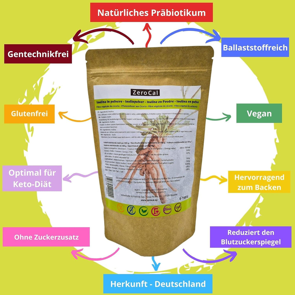 Zerocal - Poudre d'inuline de Chicorée-Wurzel 500 G | Inuline avec haut ballaststoffgehalt | 100 % végétalien et sans gluten | Herkunft Deutschland Édulcorants Naty Shop