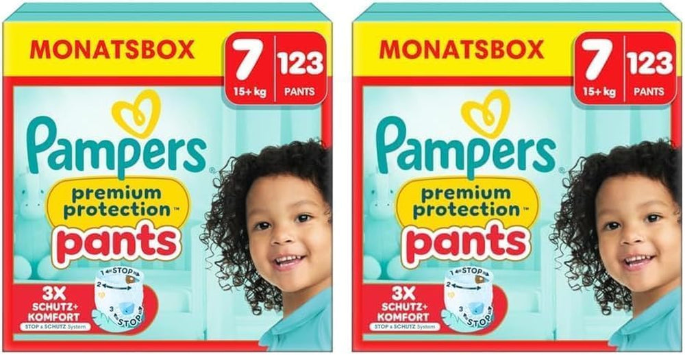 Pantalon de protection Pampers Premium Taille 7, 123 couches, 15 kg+, avec réglage à 360° et poignets anti-fuites souples pour un confort et une protection optimaux