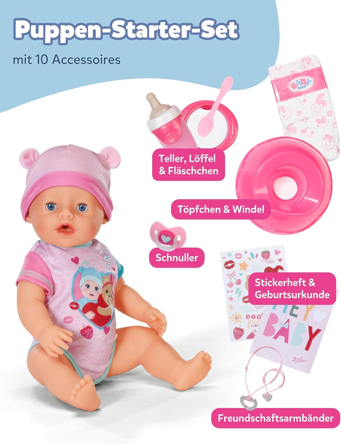 BABY Born Emma - poupée 43 cm - 10 fonctions dont accessoires et matelas - Fonctionne entièrement sans piles - Convient aux enfants à partir de 3 ans