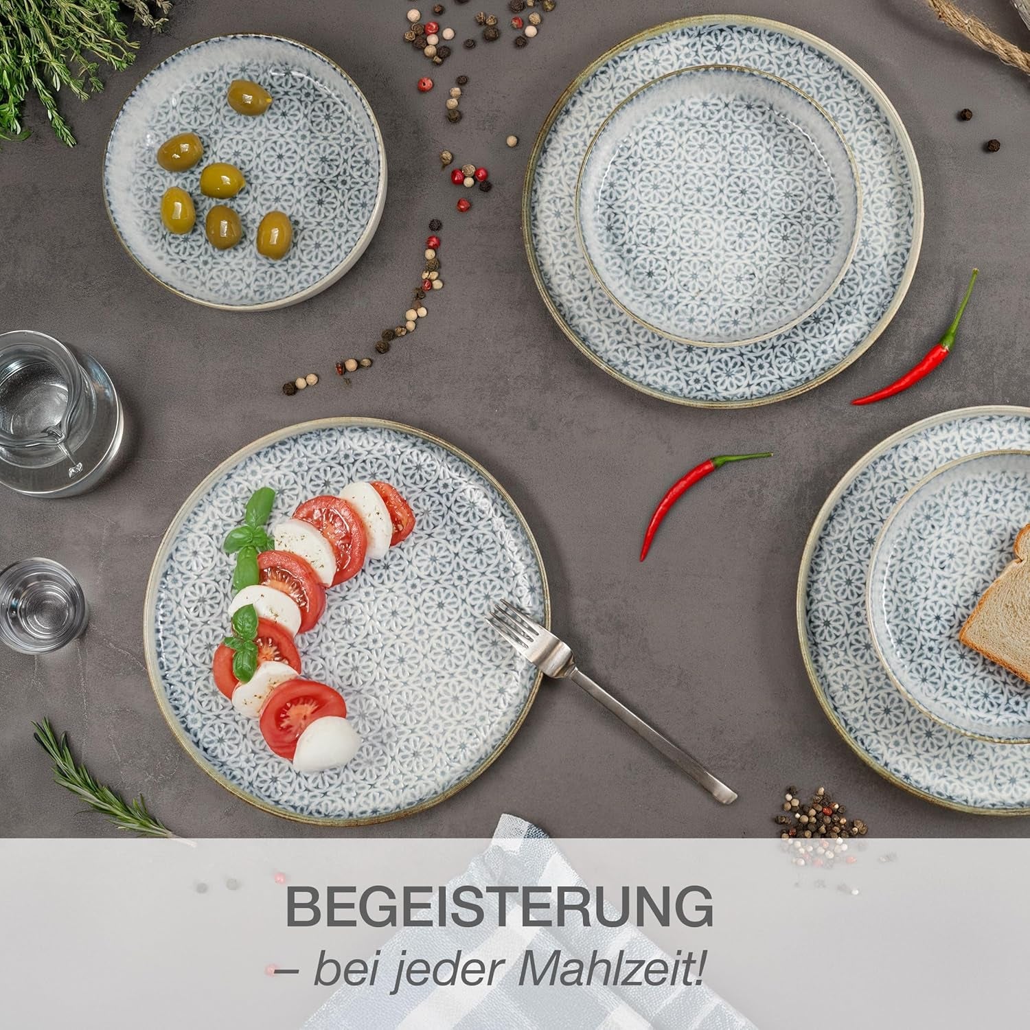 Moritz & Moritz ALHAMBRA Service de table pour 6 personnes, 18 pièces, porcelaine de haute qualité – Vaisselle bleue moderne – Service facile d'entretien comprenant 6 assiettes plates, 6 assiettes à dessert et 6 bols