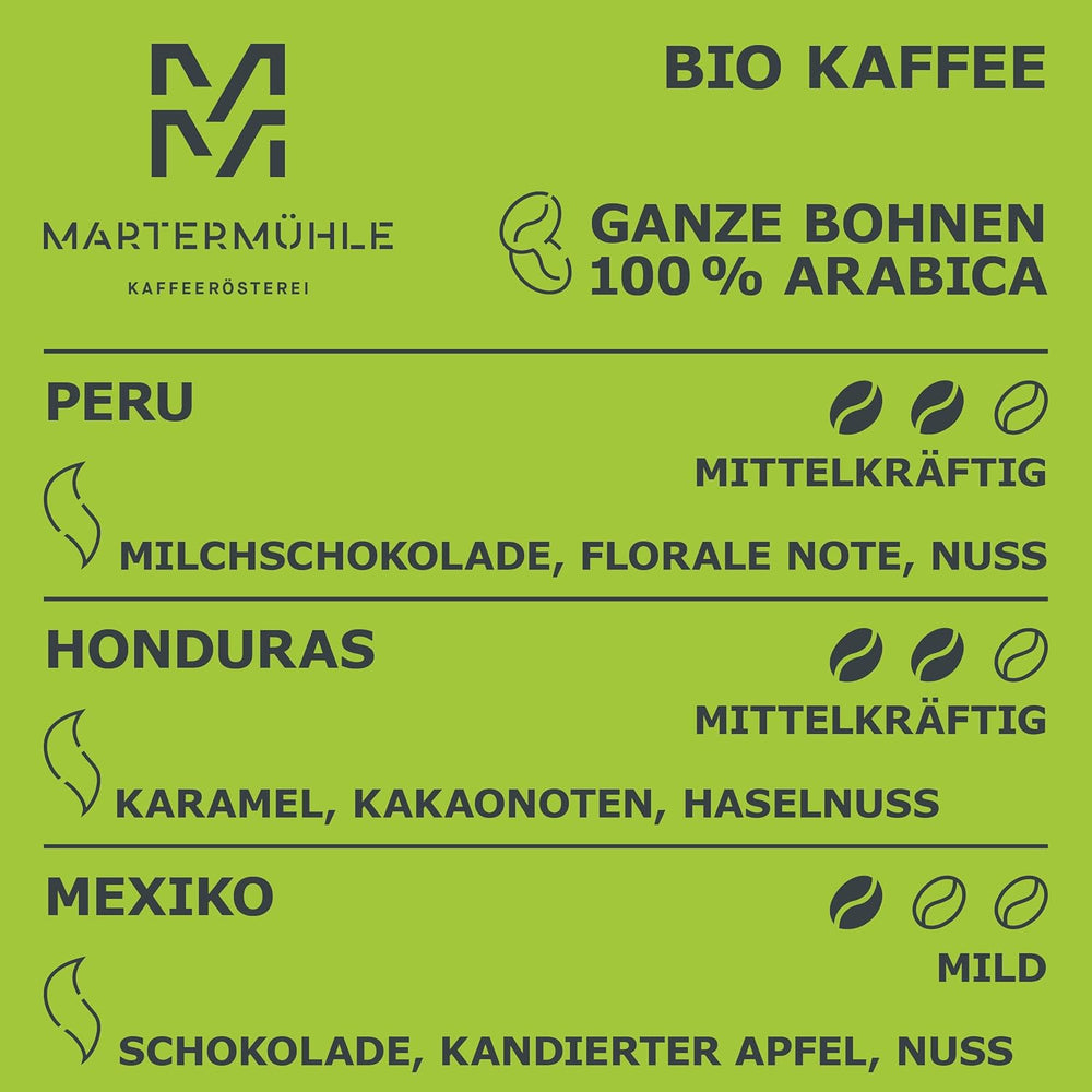 Martermühle coffret d'échantillons de grains de café bio 3x250g force légère/moyenne I Arabica I Grains de café bio entiers légèrement torréfiés, faible acidité (68/74/426)