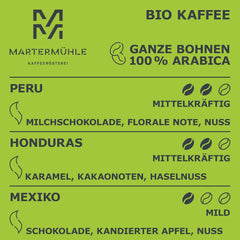 Martermühle coffret d'échantillons de grains de café bio 3x250g force légère/moyenne I Arabica I Grains de café bio entiers légèrement torréfiés, faible acidité (68/74/426)