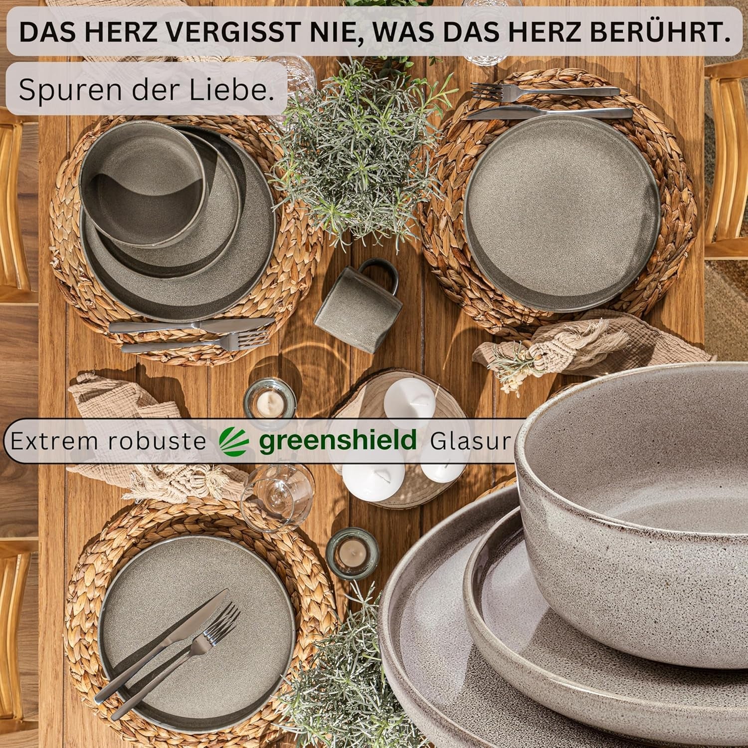 SÄNGER Argile du Caire | Service de table 24 pièces, service de table en grès pour 6 personnes, 6 assiettes, 6 assiettes à dessert, 6 bols à pâtes, 6 bols de service, service de table gris | LA COLLECTION VALEUR