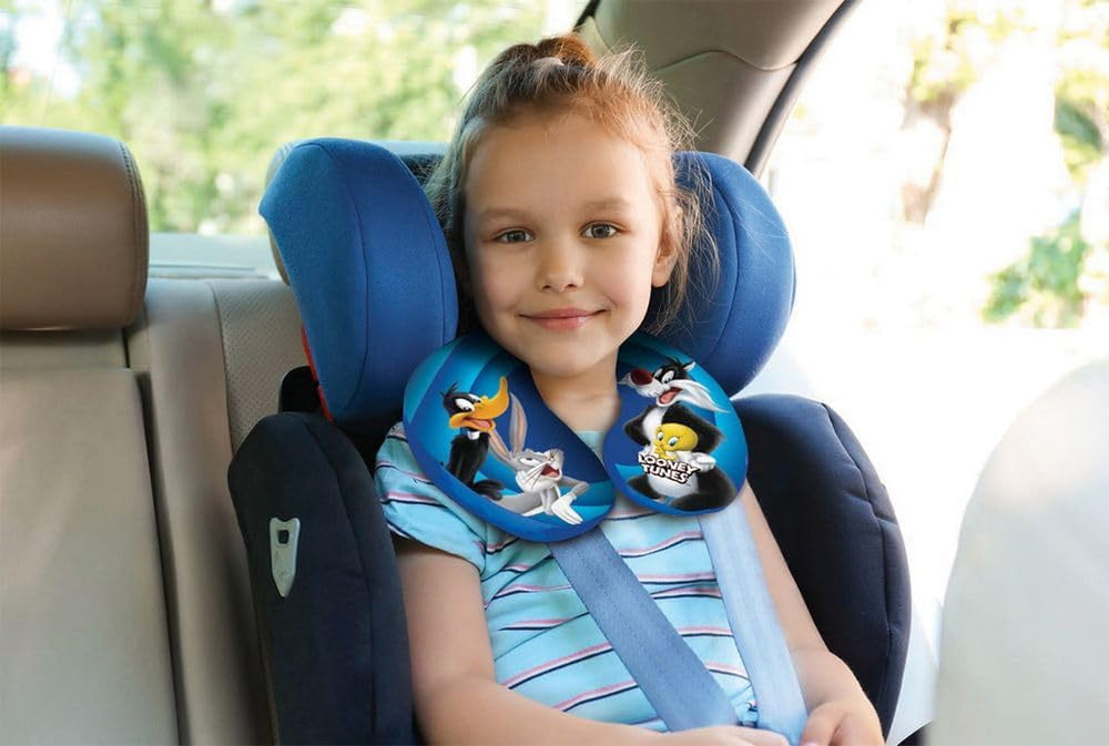 Warner Bros Looney Tunes Oreiller cervical pour bébé fille - Doux - Voiture de voyage - Bugs Bunny Daffy Duck Silvestro Titti - Confort - Bleu Naty Shop