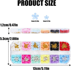 Breloques pour ongles en forme de fleur 3D, 12 grilles en résine acrylique, fleurs et perles dorées et argentées, pierres à ongles en gel, décorations d'ongles en fleurs pour femmes et filles, accessoires de manucure DIY